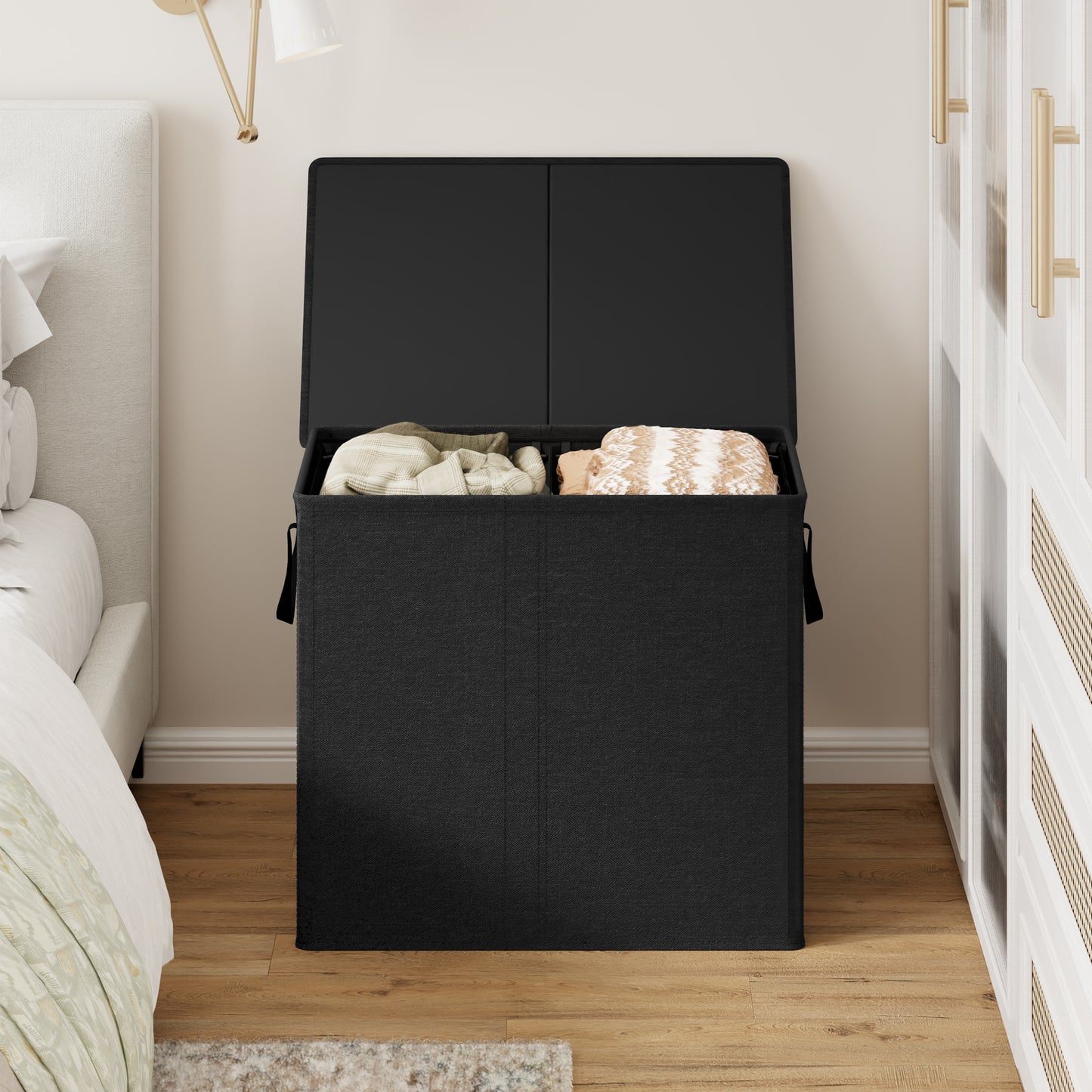 BGTREND Double Laundry Hamper with Lid 110L Laundry Basket with Removable Liner Bags Collapsible Laundry Sorter Dirty Clothes Hamper (Black)