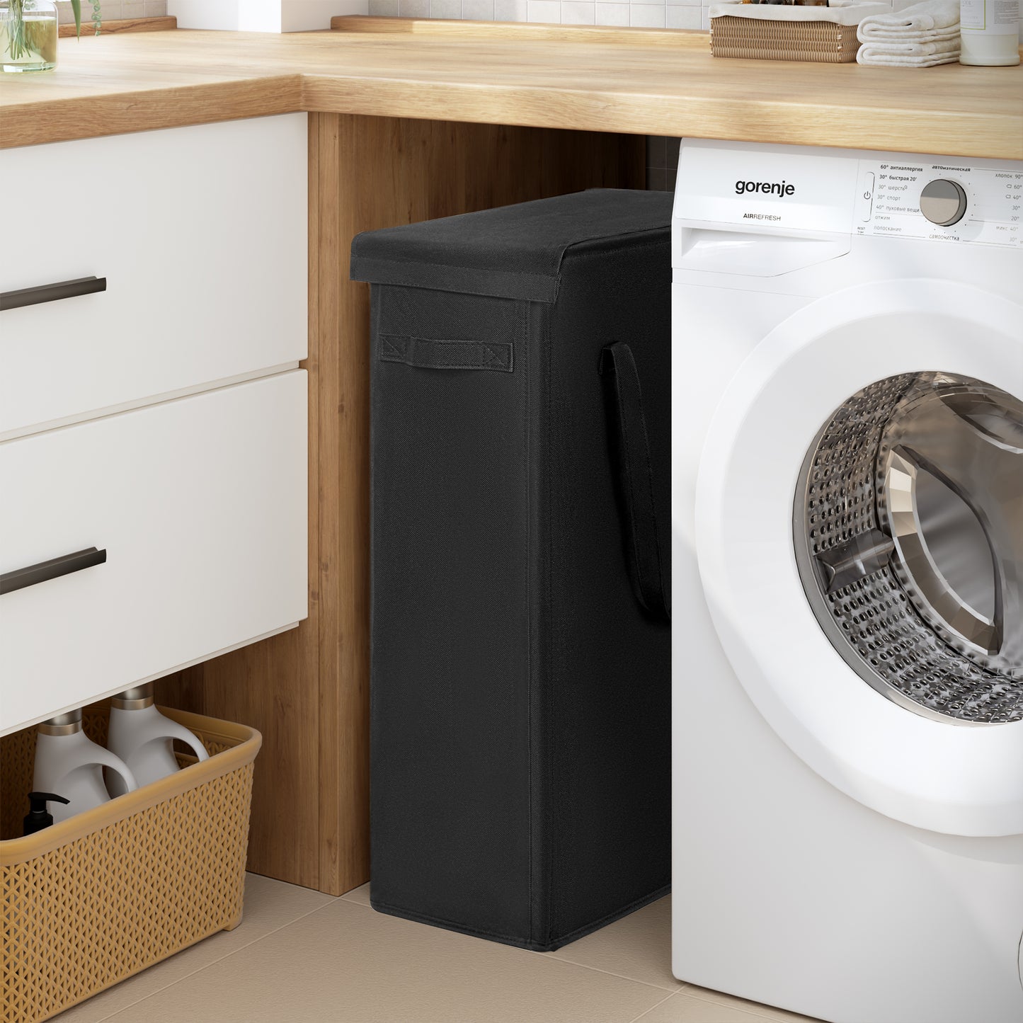 BGTREND Tall & Slim Laundry Hamper with Lid and handles Narrow Laundry Basket Collapsible Dirty Clothes Hamper Portable Laundry Storage Bin Oxford (60L, Black)