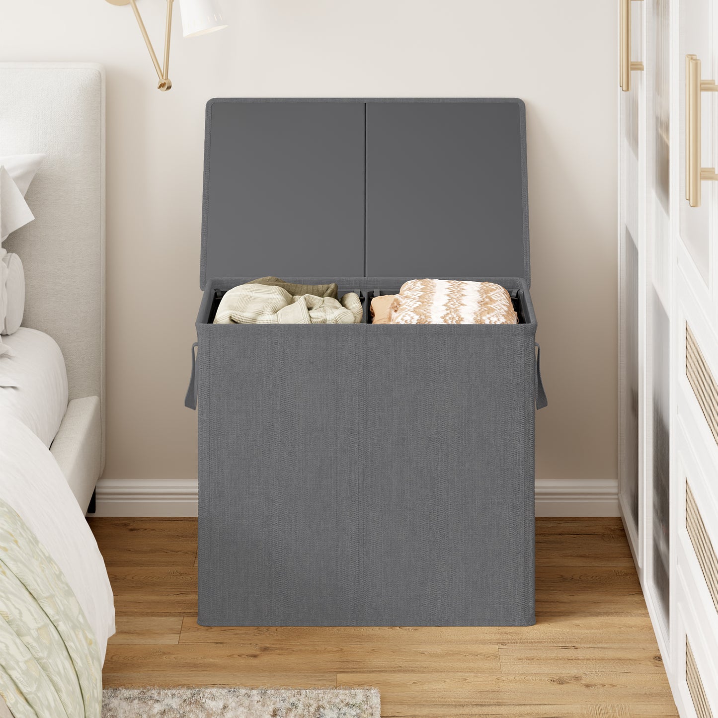 BGTREND Double Laundry Hamper with Lid 110L Laundry Basket with Removable Liner Bags Collapsible Laundry Sorter Dirty Clothes Hamper (Dark Gray)