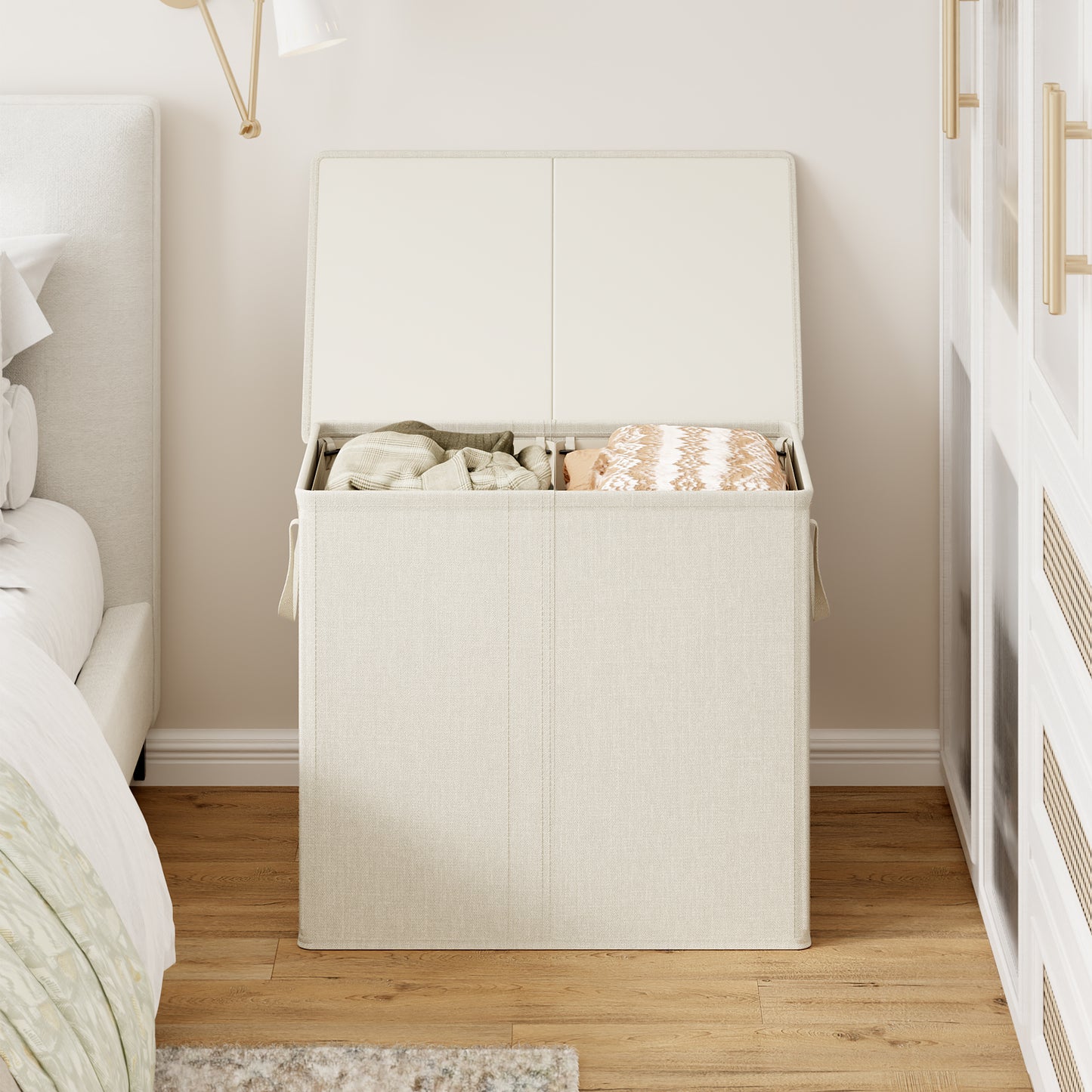 BGTREND Double Laundry Hamper with Lid 110L Laundry Basket with Removable Liner Bags Collapsible Laundry Sorter Dirty Clothes Hamper (Beige)