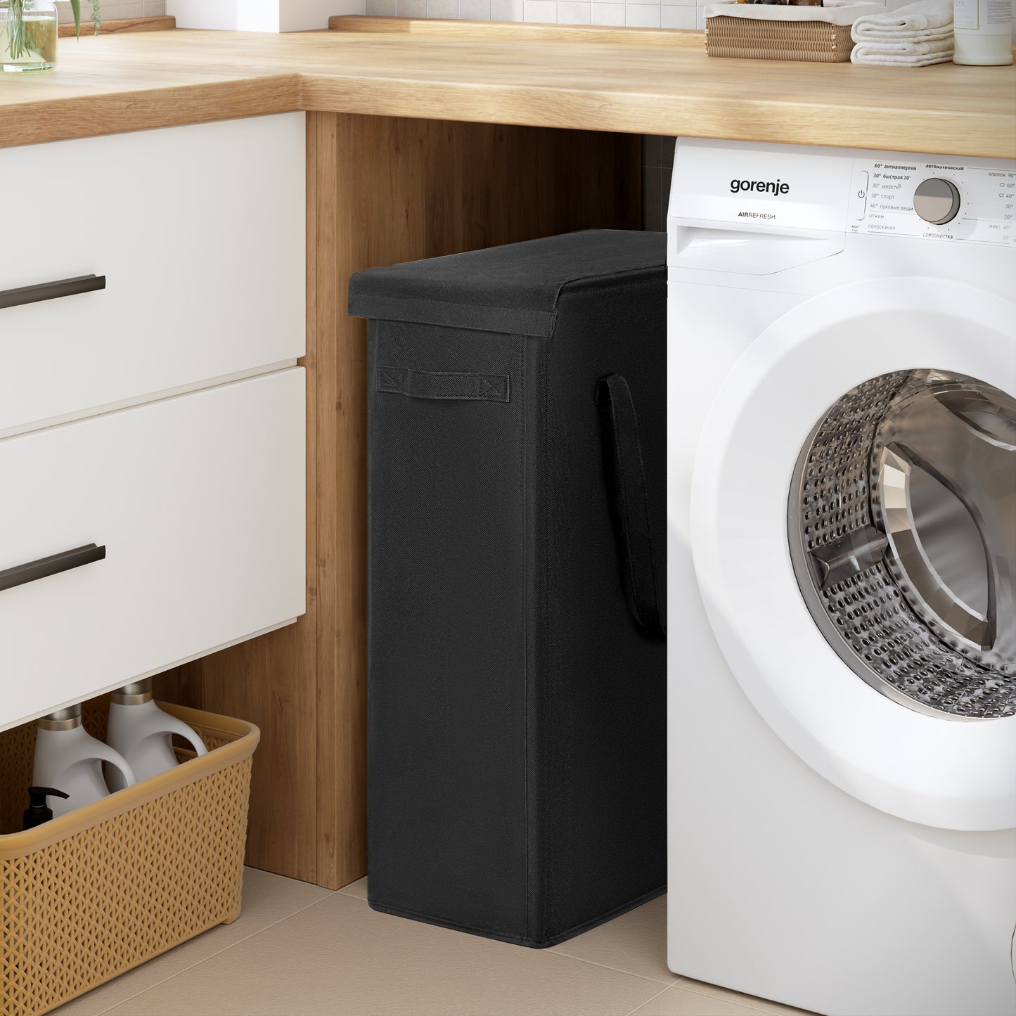 BGTREND Tall & Slim Laundry Hamper with Lid and handles Narrow Laundry Basket Collapsible Dirty Clothes Hamper Portable Laundry Storage Bin Oxford (45L, Black)