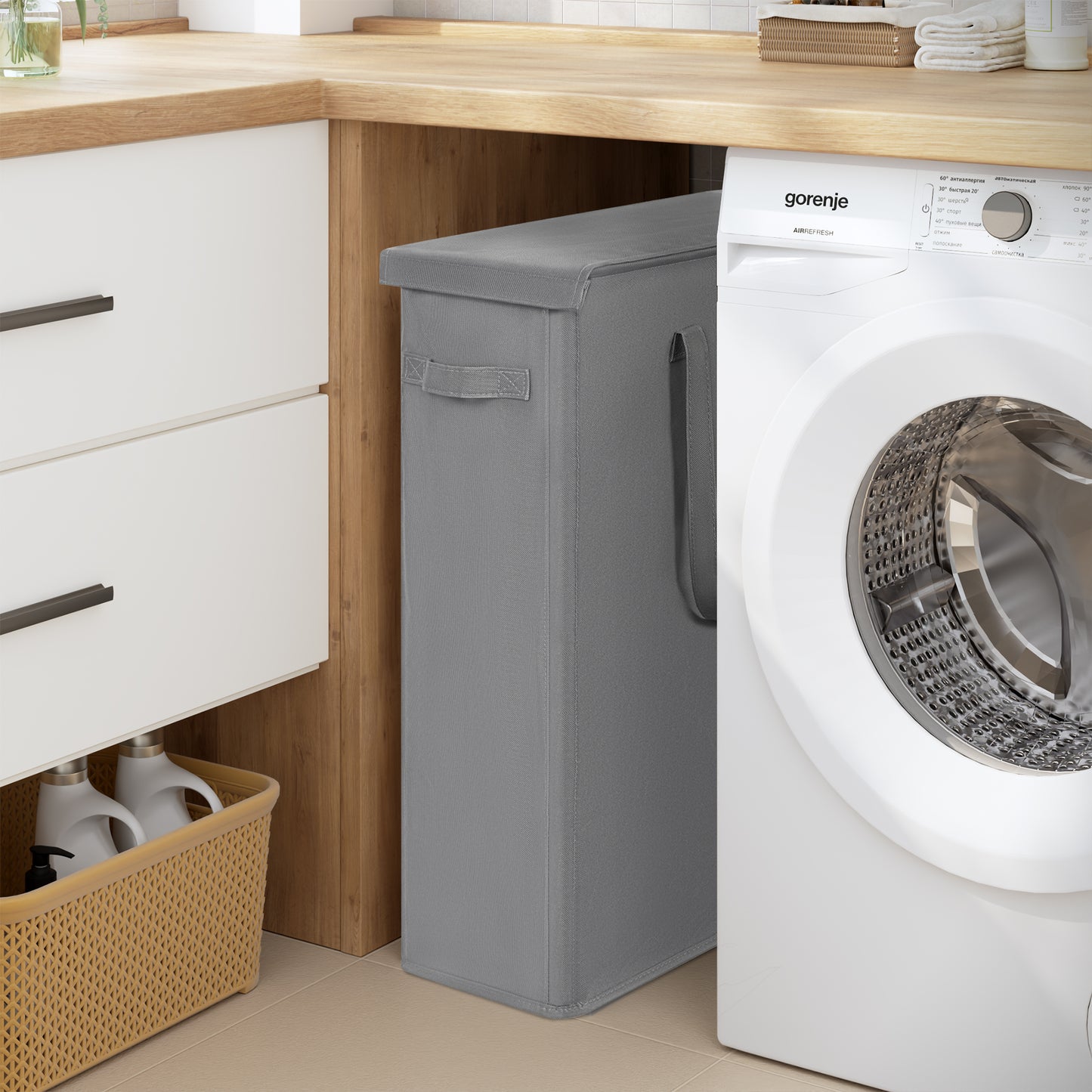 BGTREND Tall & Slim Laundry Hamper with Lid and handles Narrow Laundry Basket Collapsible Dirty Clothes Hamper Portable Laundry Storage Bin Oxford (60L, Gray)