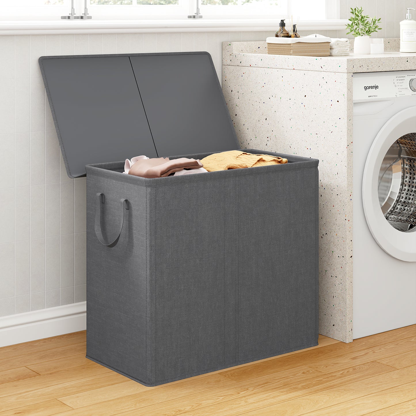 BGTREND Double Laundry Hamper with Lid 110L Laundry Basket with Removable Liner Bags Collapsible Laundry Sorter Dirty Clothes Hamper (Dark Gray)