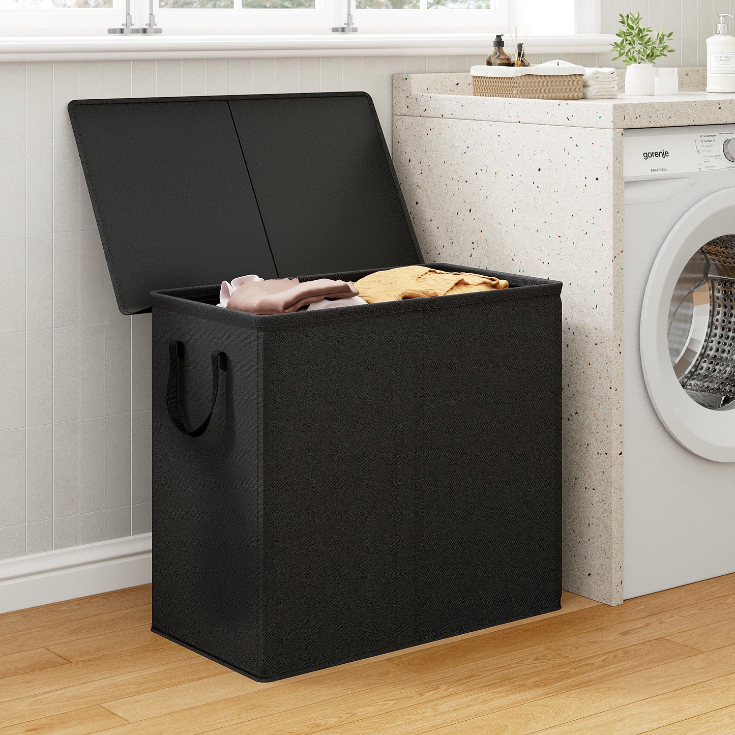 BGTREND Double Laundry Hamper with Lid 110L Laundry Basket with Removable Liner Bags Collapsible Laundry Sorter Dirty Clothes Hamper (Black)