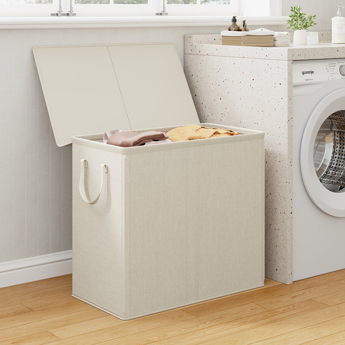 BGTREND Double Laundry Hamper with Lid 110L Laundry Basket with Removable Liner Bags Collapsible Laundry Sorter Dirty Clothes Hamper (Beige)