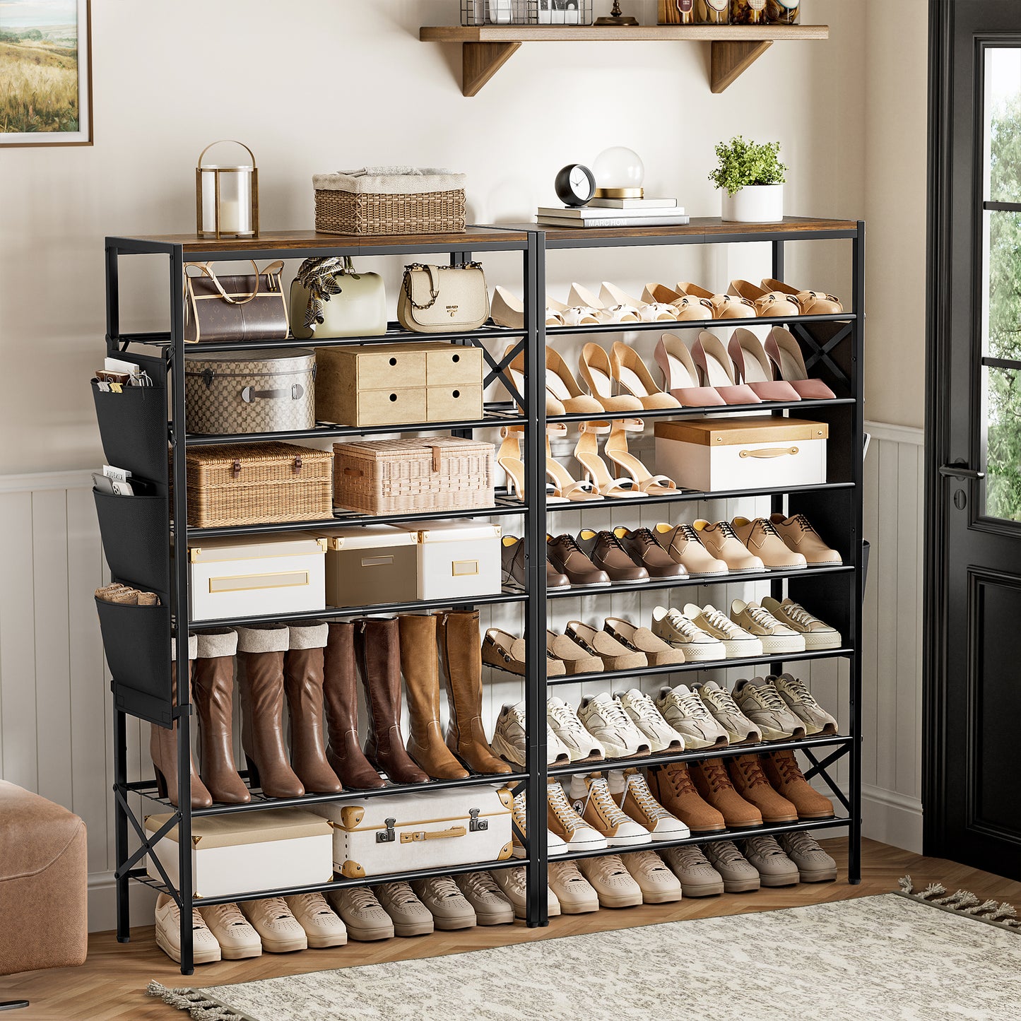 BGTREND 8-Tier Metal Shoe Rack Organizer with Wooden Top, 24-32 Pairs Shoe Storage Shelf for Entryway Hallway (52.56” Tall, Brown)