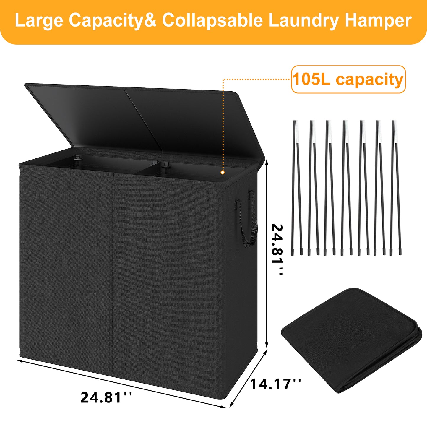 BGTREND Double Laundry Hamper with Lid 110L Laundry Basket with Removable Liner Bags Collapsible Laundry Sorter Dirty Clothes Hamper (Black)