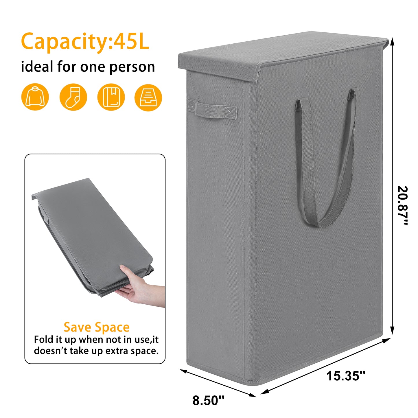 BGTREND Tall & Slim Laundry Hamper with Lid and handles Narrow Laundry Basket Collapsible Dirty Clothes Hamper Portable Laundry Storage Bin Oxford (45L,Gray)
