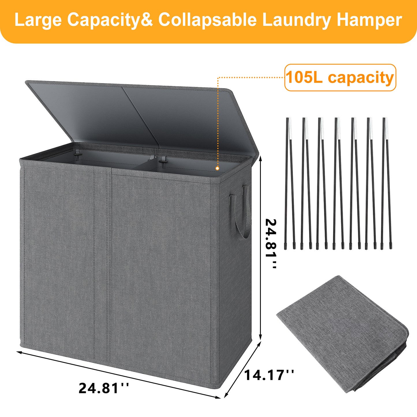 BGTREND Double Laundry Hamper with Lid 110L Laundry Basket with Removable Liner Bags Collapsible Laundry Sorter Dirty Clothes Hamper (Dark Gray)