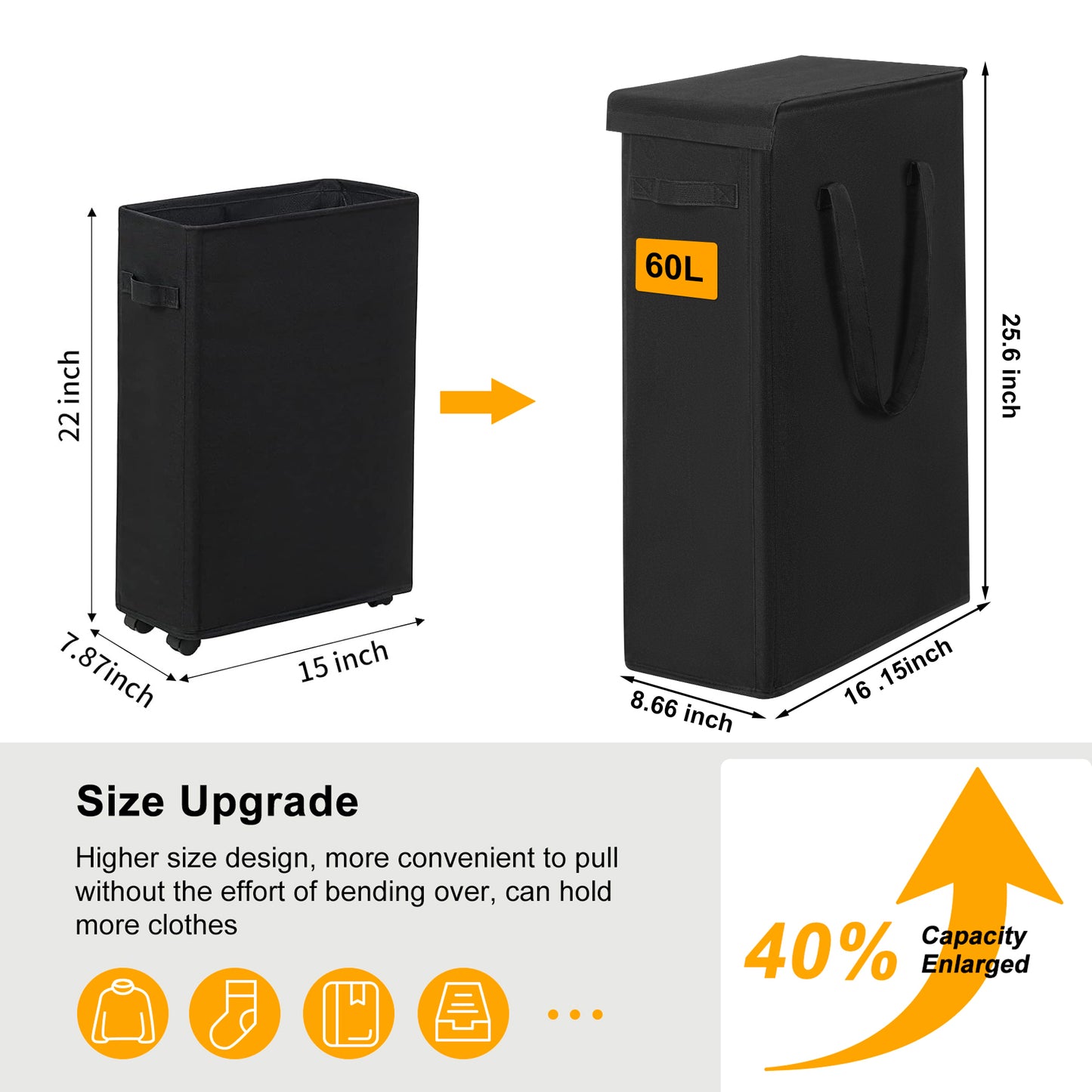 BGTREND Tall & Slim Laundry Hamper with Lid and handles Narrow Laundry Basket Collapsible Dirty Clothes Hamper Portable Laundry Storage Bin Oxford (60L, Black)