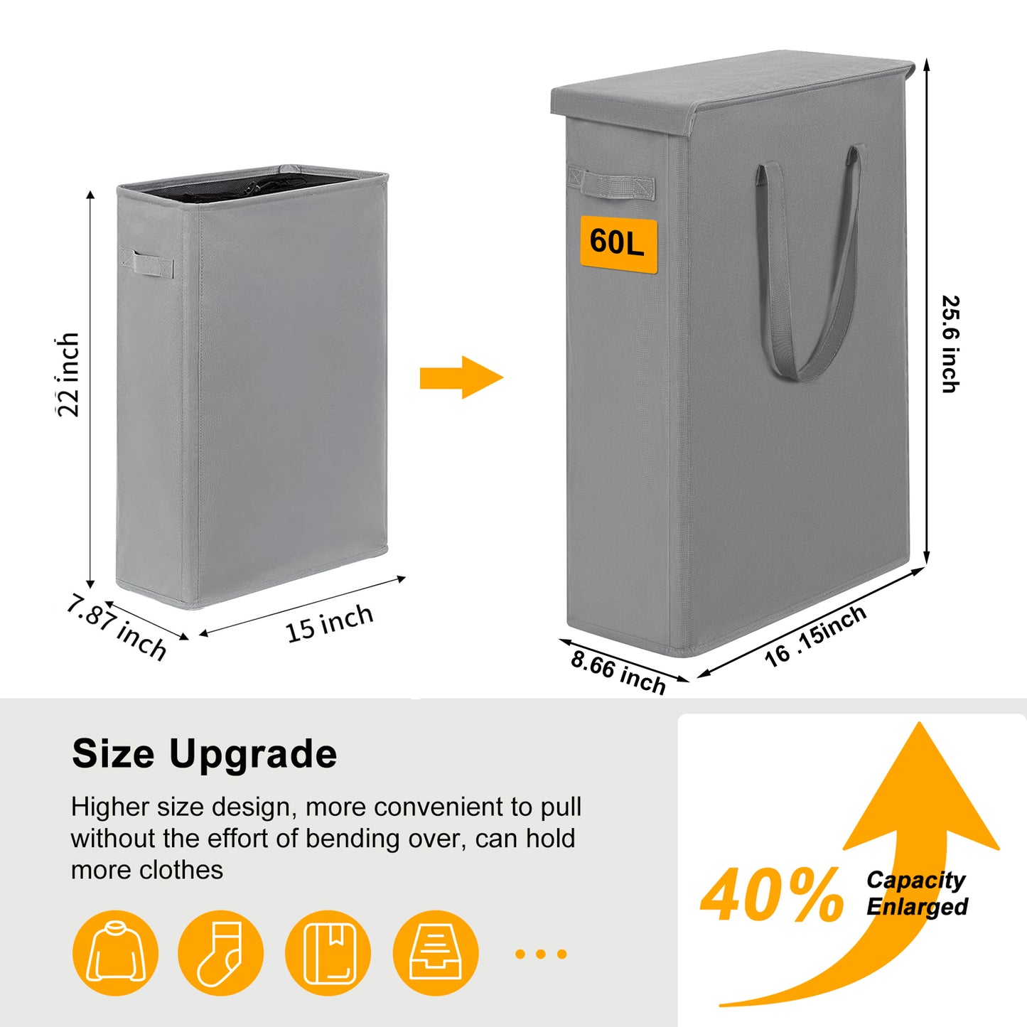 BGTREND Tall & Slim Laundry Hamper with Lid and handles Narrow Laundry Basket Collapsible Dirty Clothes Hamper Portable Laundry Storage Bin Oxford (60L, Gray)