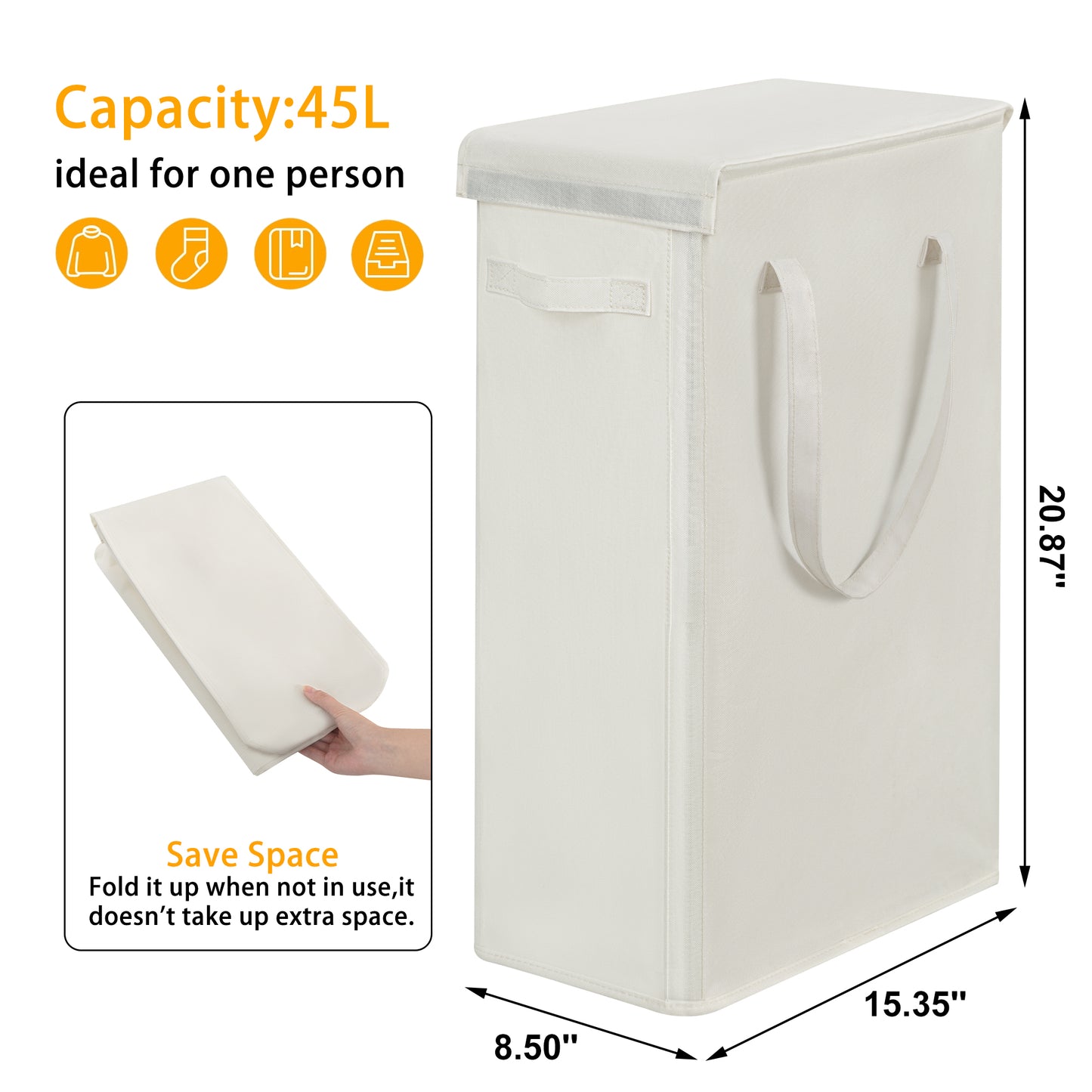 BGTREND Tall & Slim Laundry Hamper with Lid and handles Narrow Laundry Basket Collapsible Dirty Clothes Hamper Portable Laundry Storage Bin Oxford (45L, Beige)