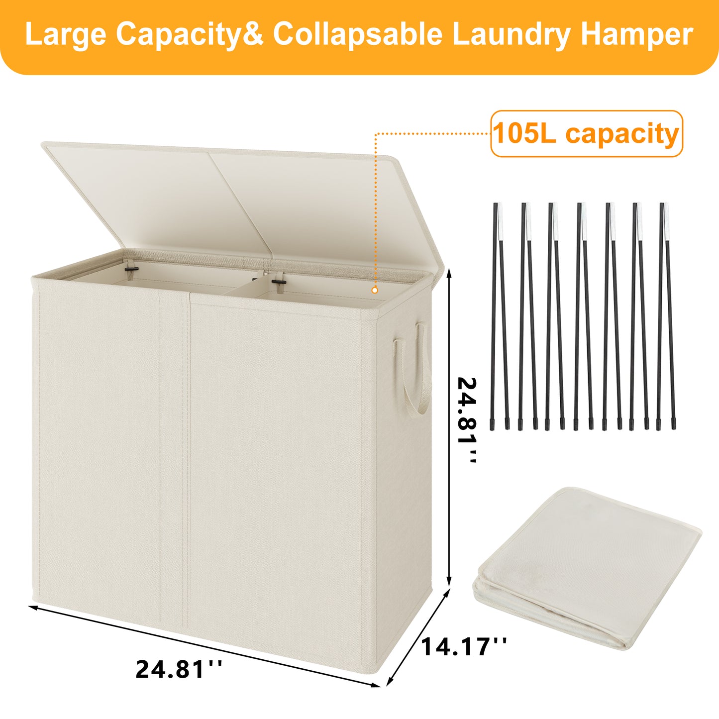 BGTREND Double Laundry Hamper with Lid 110L Laundry Basket with Removable Liner Bags Collapsible Laundry Sorter Dirty Clothes Hamper (Beige)