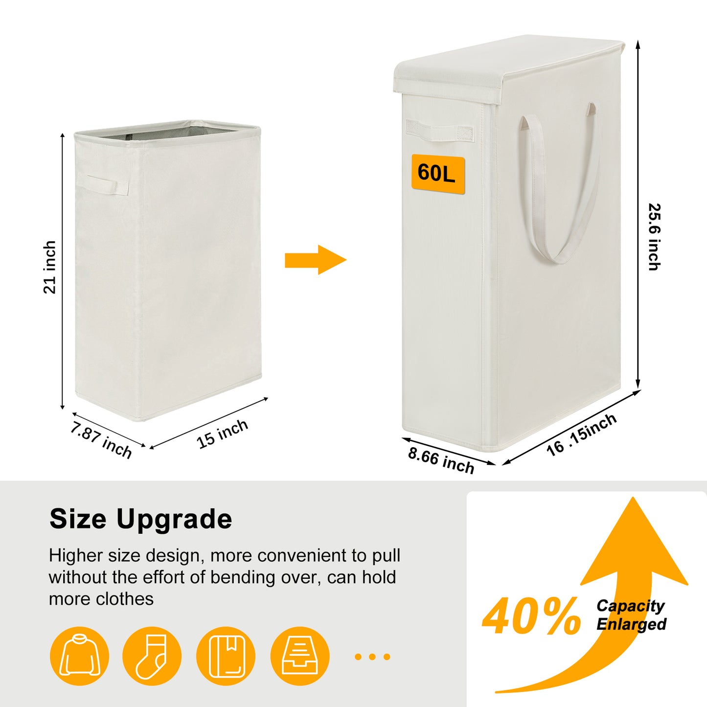 BGTREND Tall & Slim Laundry Hamper with Lid and handles Narrow Laundry Basket Collapsible Dirty Clothes Hamper Portable Laundry Storage Bin Oxford (60L, Beige)