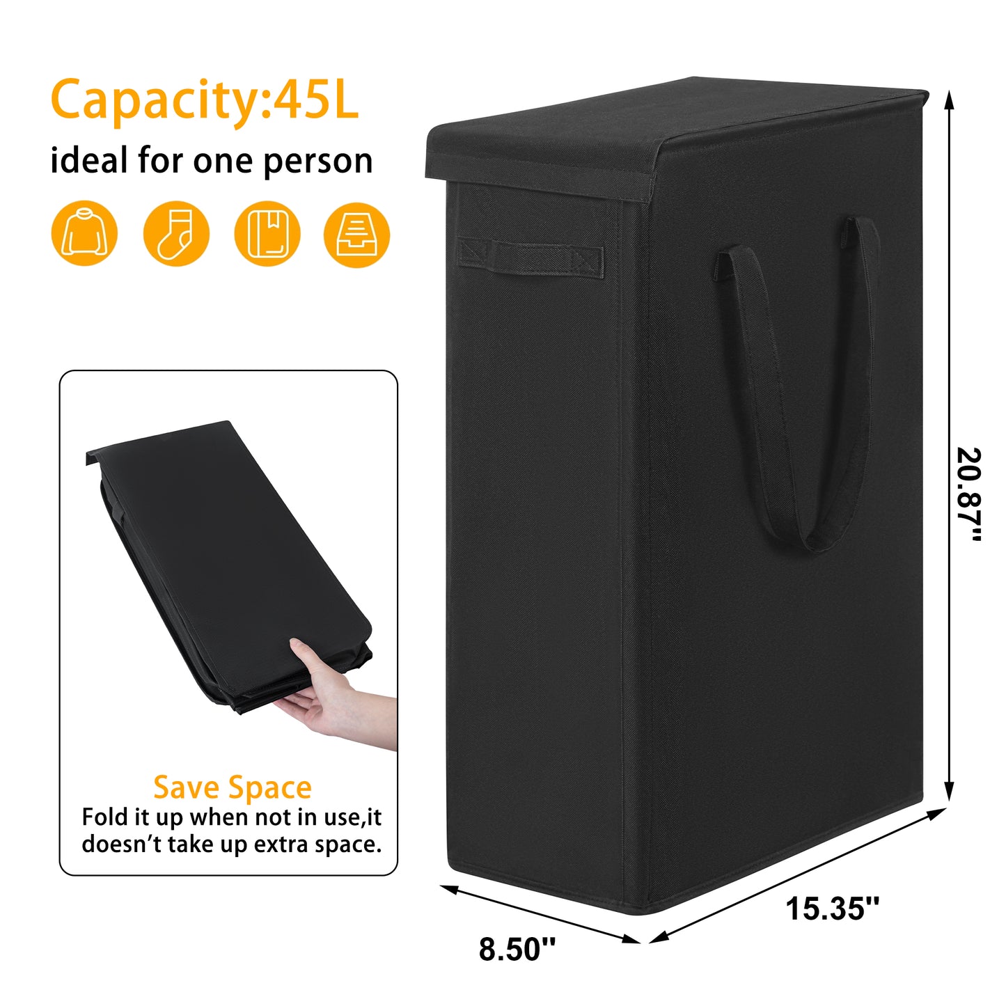 BGTREND Tall & Slim Laundry Hamper with Lid and handles Narrow Laundry Basket Collapsible Dirty Clothes Hamper Portable Laundry Storage Bin Oxford (45L, Black)