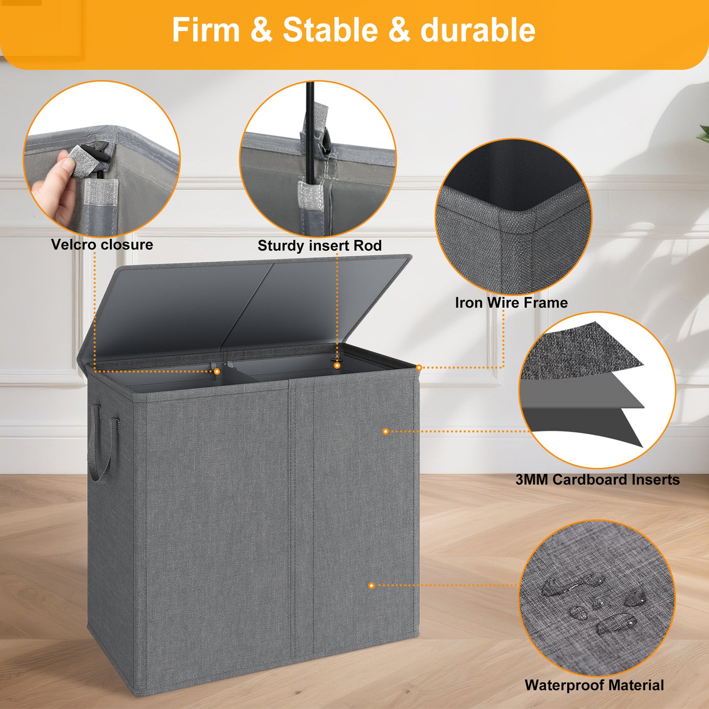 BGTREND Double Laundry Hamper with Lid 110L Laundry Basket with Removable Liner Bags Collapsible Laundry Sorter Dirty Clothes Hamper (Dark Gray)