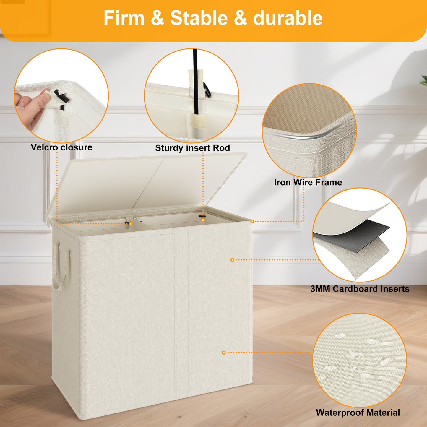 BGTREND Double Laundry Hamper with Lid 110L Laundry Basket with Removable Liner Bags Collapsible Laundry Sorter Dirty Clothes Hamper (Beige)