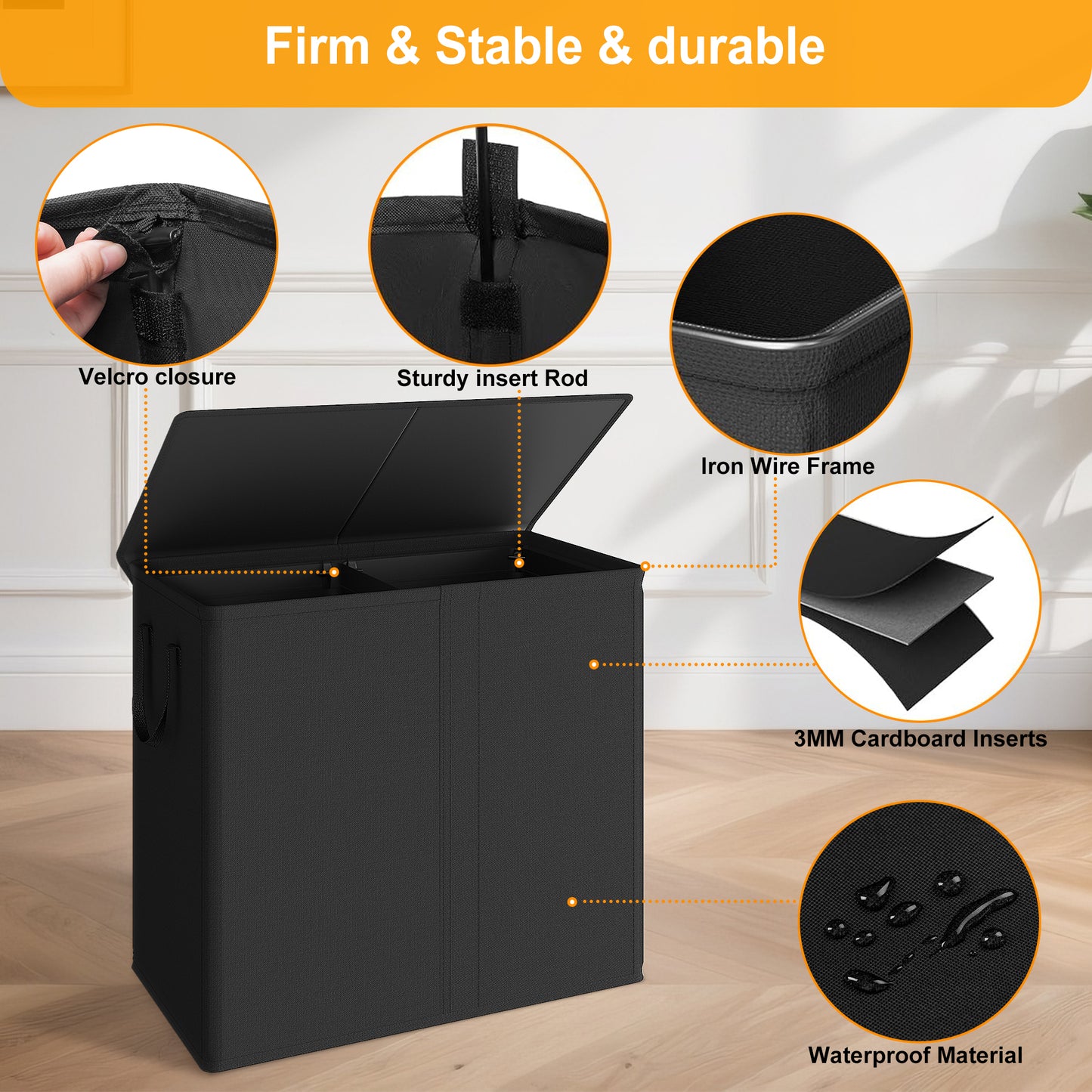 BGTREND Double Laundry Hamper with Lid 110L Laundry Basket with Removable Liner Bags Collapsible Laundry Sorter Dirty Clothes Hamper (Black)