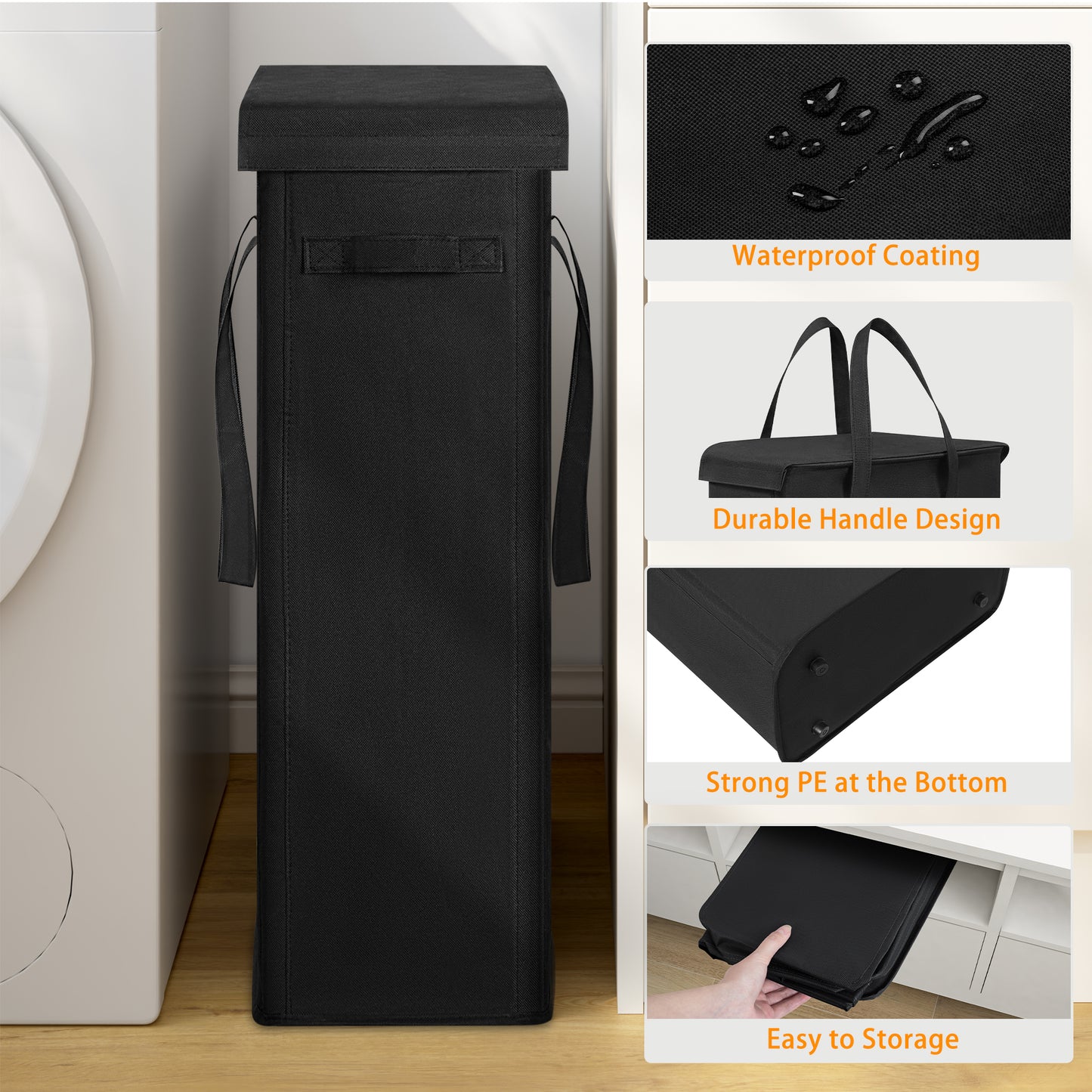 BGTREND Tall & Slim Laundry Hamper with Lid and handles Narrow Laundry Basket Collapsible Dirty Clothes Hamper Portable Laundry Storage Bin Oxford (60L, Black)
