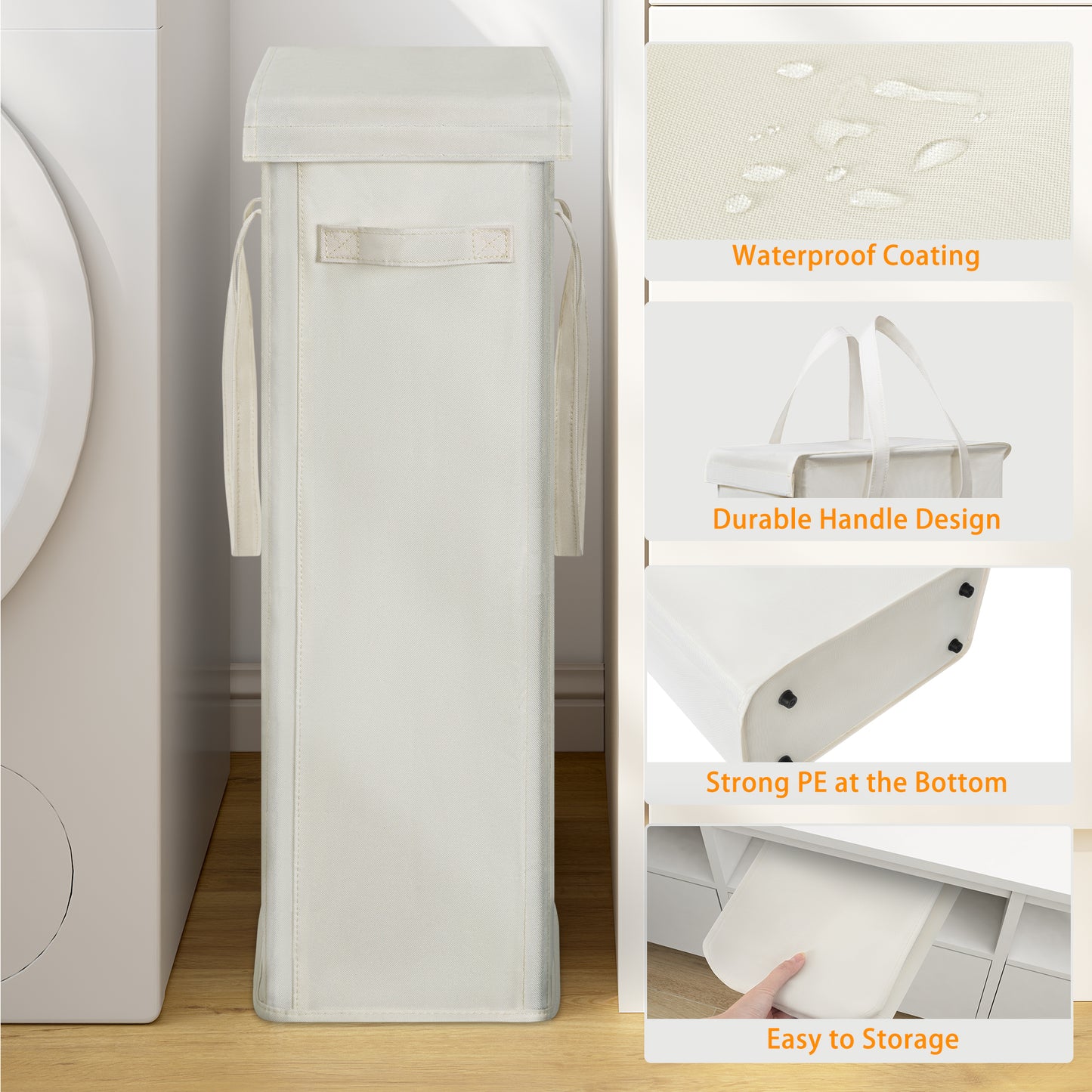 BGTREND Tall & Slim Laundry Hamper with Lid and handles Narrow Laundry Basket Collapsible Dirty Clothes Hamper Portable Laundry Storage Bin Oxford (60L, Beige)