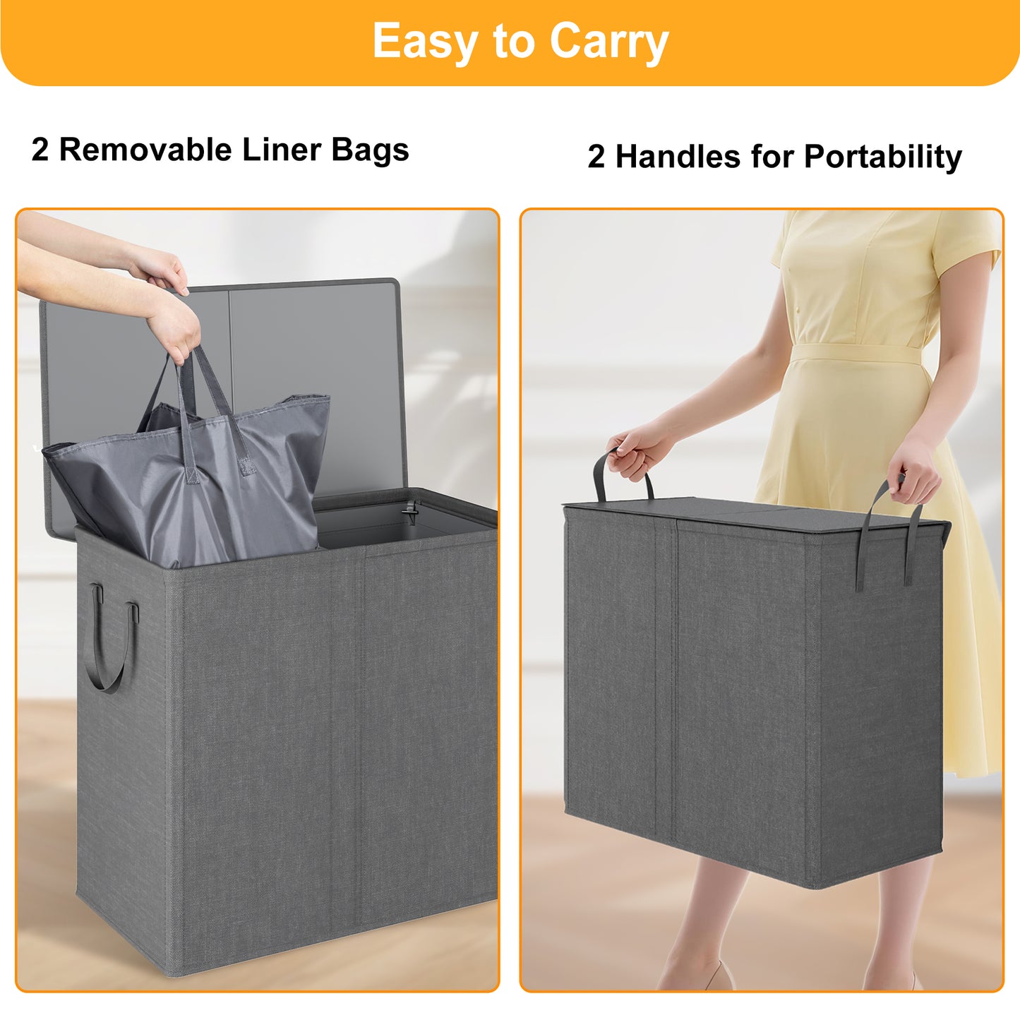 BGTREND Double Laundry Hamper with Lid 110L Laundry Basket with Removable Liner Bags Collapsible Laundry Sorter Dirty Clothes Hamper (Dark Gray)