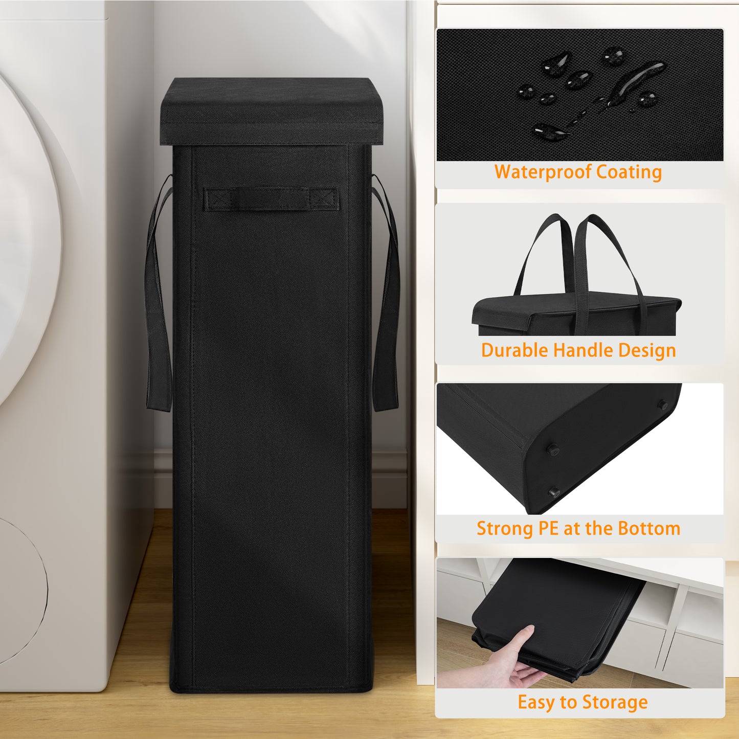 BGTREND Tall & Slim Laundry Hamper with Lid and handles Narrow Laundry Basket Collapsible Dirty Clothes Hamper Portable Laundry Storage Bin Oxford (45L, Black)