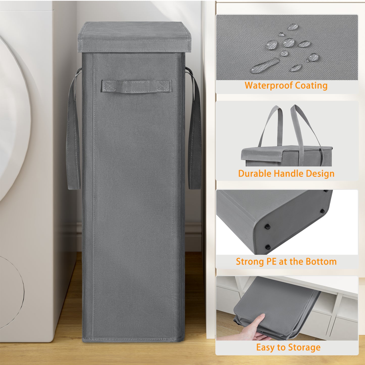 BGTREND Tall & Slim Laundry Hamper with Lid and handles Narrow Laundry Basket Collapsible Dirty Clothes Hamper Portable Laundry Storage Bin Oxford (60L, Gray)