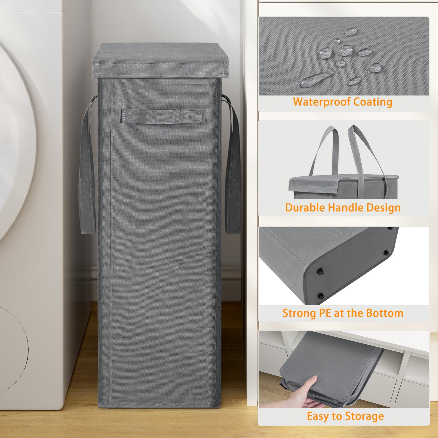 BGTREND Tall & Slim Laundry Hamper with Lid and handles Narrow Laundry Basket Collapsible Dirty Clothes Hamper Portable Laundry Storage Bin Oxford (45L,Gray)