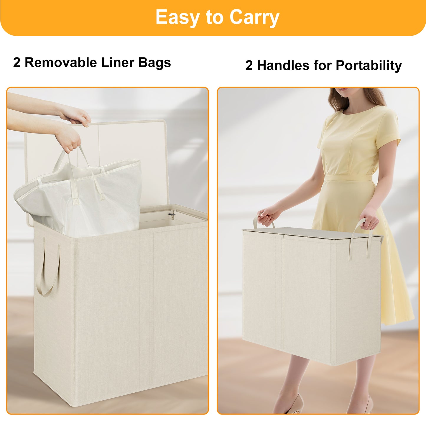BGTREND Double Laundry Hamper with Lid 110L Laundry Basket with Removable Liner Bags Collapsible Laundry Sorter Dirty Clothes Hamper (Beige)