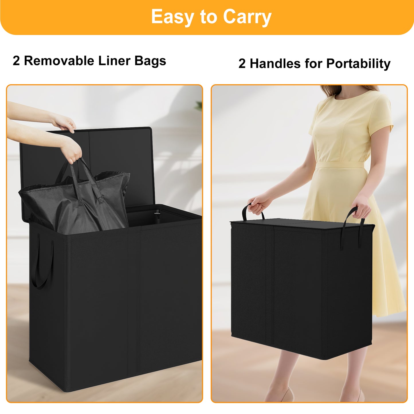 BGTREND Double Laundry Hamper with Lid 110L Laundry Basket with Removable Liner Bags Collapsible Laundry Sorter Dirty Clothes Hamper (Black)