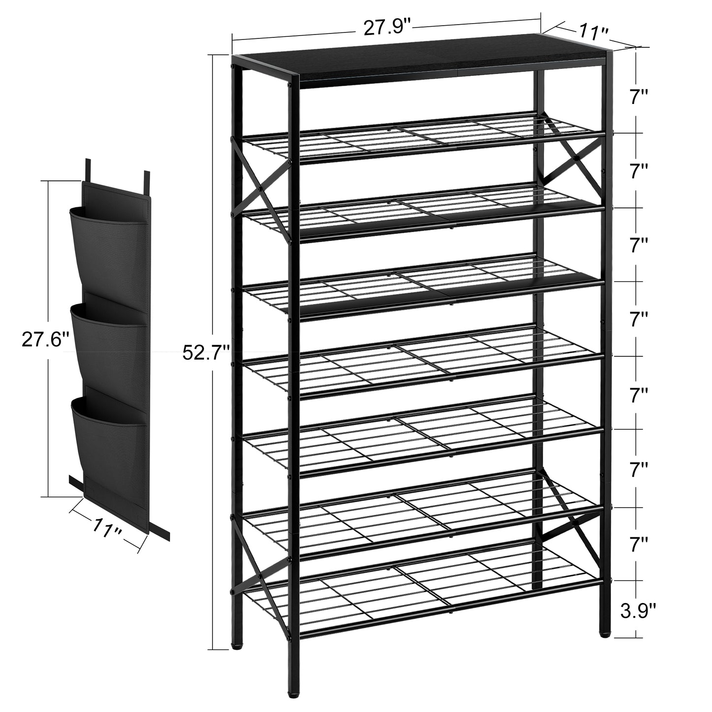 BGTREND 8-Tier Metal Shoe Rack Organizer with Wooden Top, 24-32 Pairs Shoe Storage Shelf for Entryway Hallway (52.56” Tall, Black)
