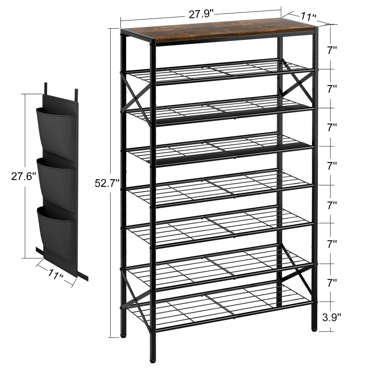 BGTREND 8-Tier Metal Shoe Rack Organizer with Wooden Top, 24-32 Pairs Shoe Storage Shelf for Entryway Hallway (52.56” Tall, Brown)