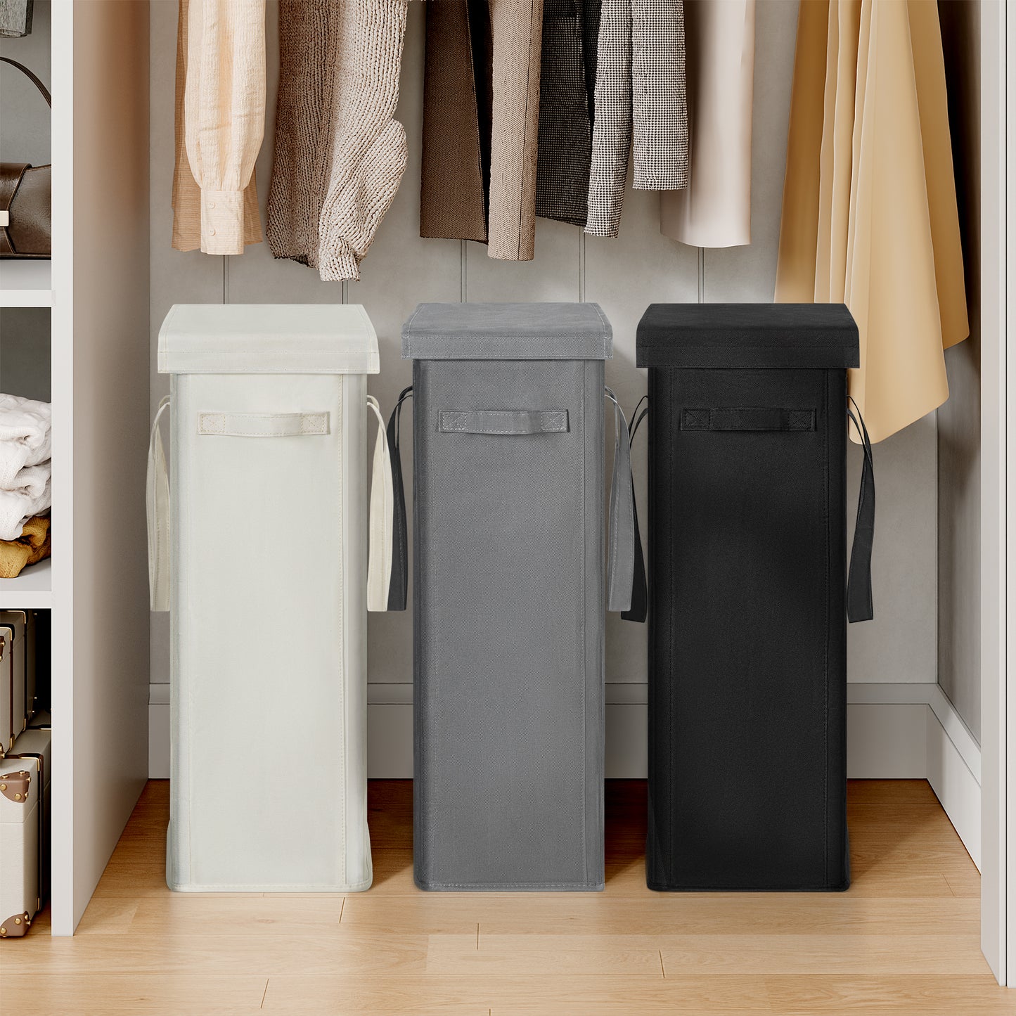 BGTREND Tall & Slim Laundry Hamper with Lid and handles Narrow Laundry Basket Collapsible Dirty Clothes Hamper Portable Laundry Storage Bin Oxford (60L, Gray)
