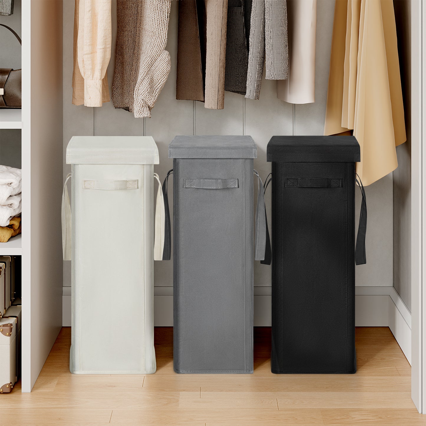 BGTREND Tall & Slim Laundry Hamper with Lid and handles Narrow Laundry Basket Collapsible Dirty Clothes Hamper Portable Laundry Storage Bin Oxford (45L,Gray)