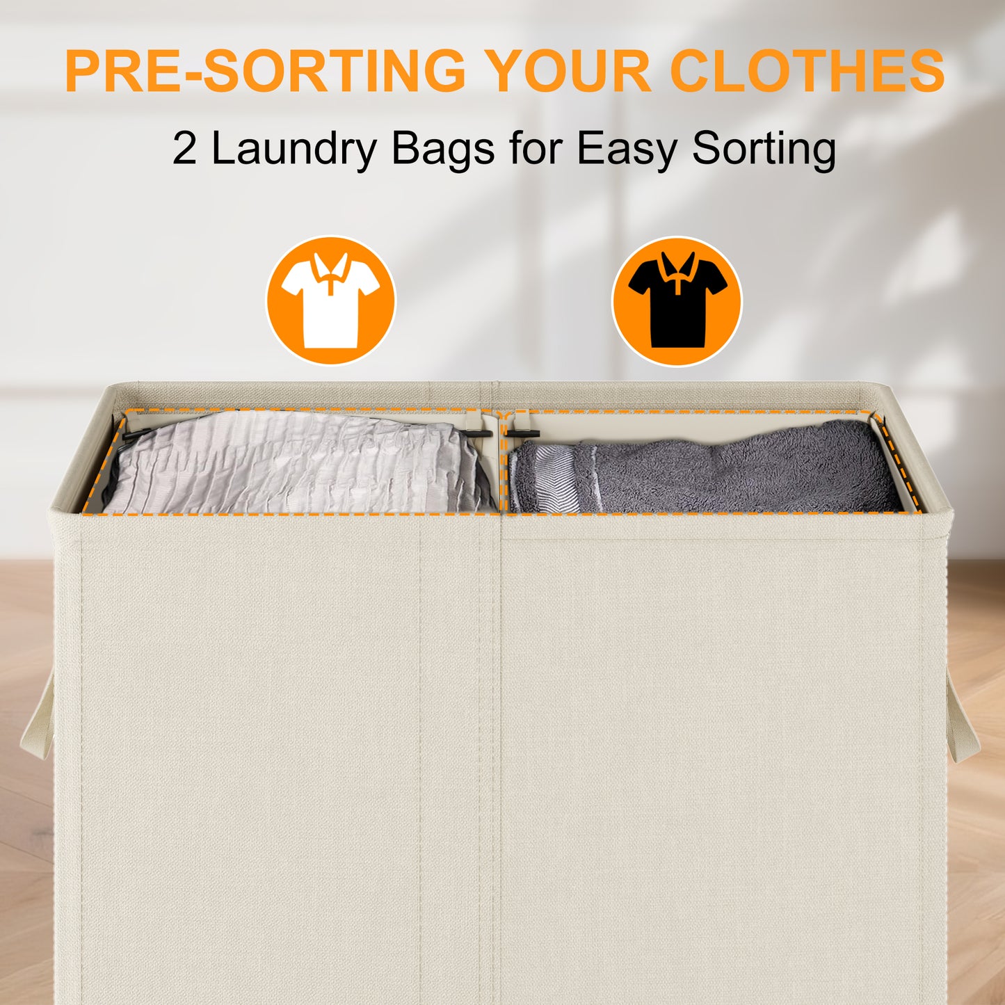 BGTREND Double Laundry Hamper with Lid 110L Laundry Basket with Removable Liner Bags Collapsible Laundry Sorter Dirty Clothes Hamper (Beige)