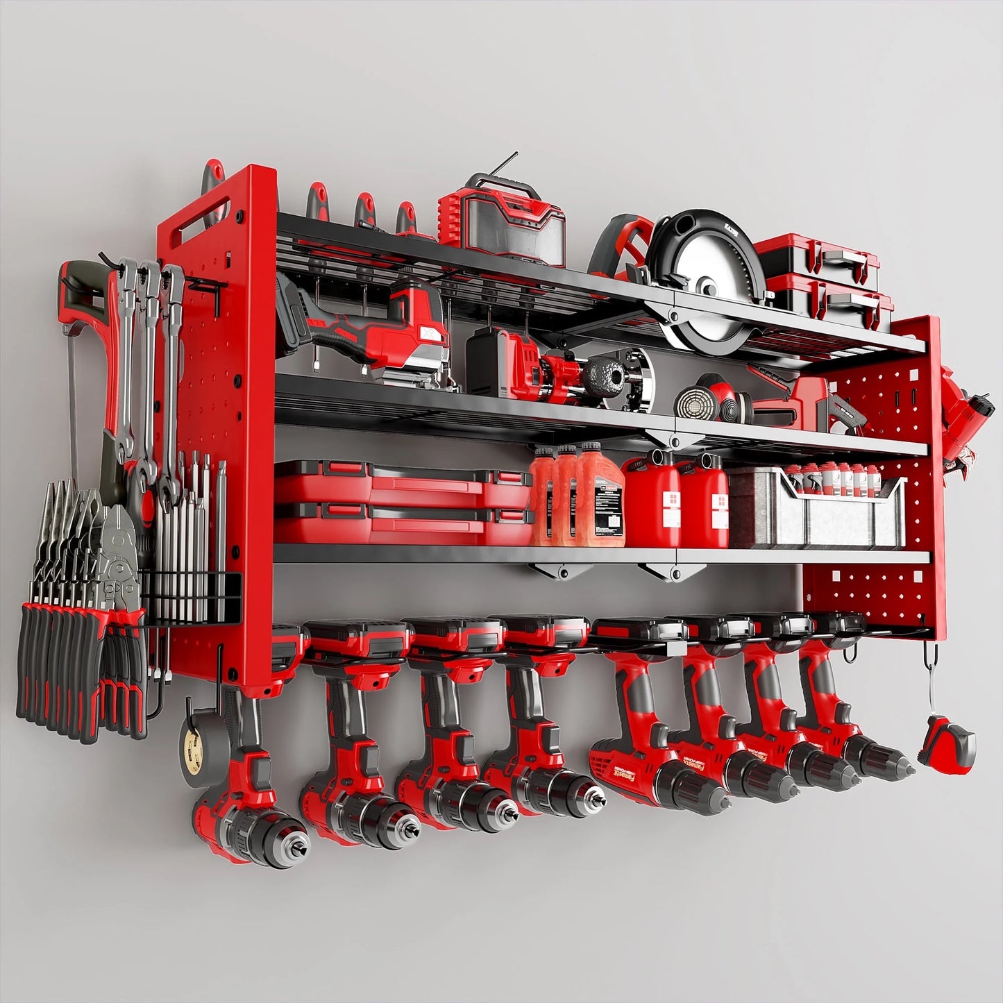 BGTREND Power Tool Organizer Wall Mount with 8 Cordless Drill Holders, 4 Layers Heavy Duty Tool Storage Shelf Organizer (Red)