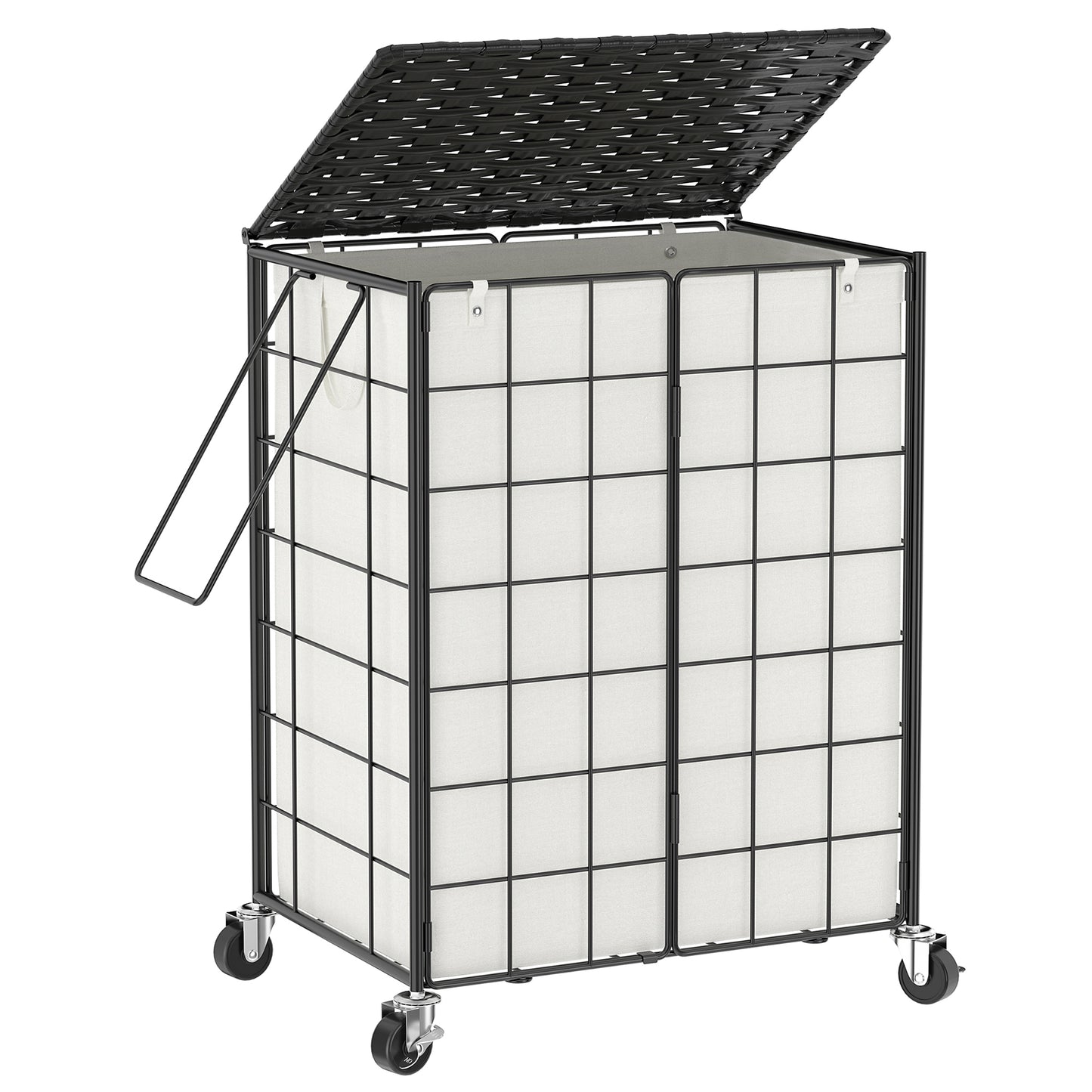 BGTREND 95L Laundry Basket with Lid and Wheels, Iron Wire Laundry Hamper with Rattan Lid and Removable Liner Bag, Rolling Hamper with Handle (Black & Beige)