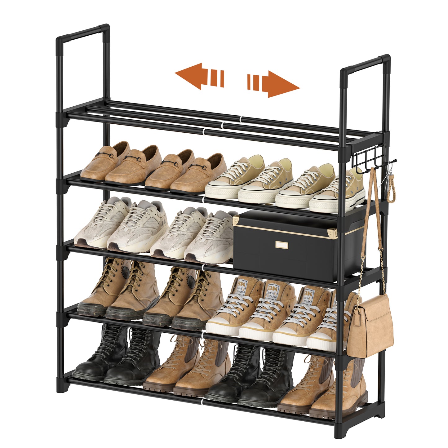BGTREND 5-Tier Expandable Shoe Rack, Adjustable Metal Shoe Organizer Shelf for Closet Hallway Entryway, Black