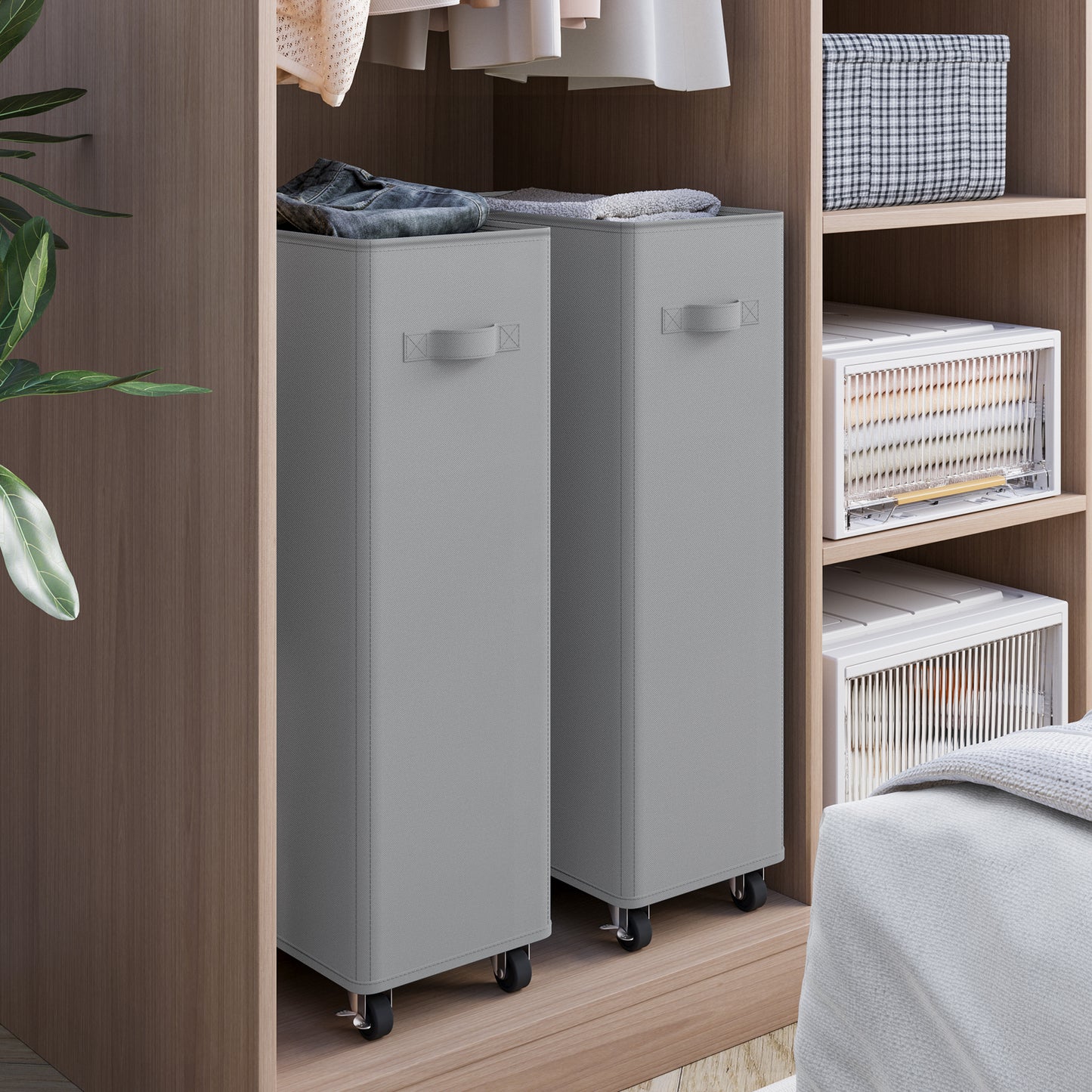 BGTREND 2pcs 27.6'' Tall & Slim Laundry Hamper with Lid and Wheels Narrow Laundry Basket Collapsible Dirty Clothes Hamper Portable Laundry Storage Bin Oxford (65L, Gray)