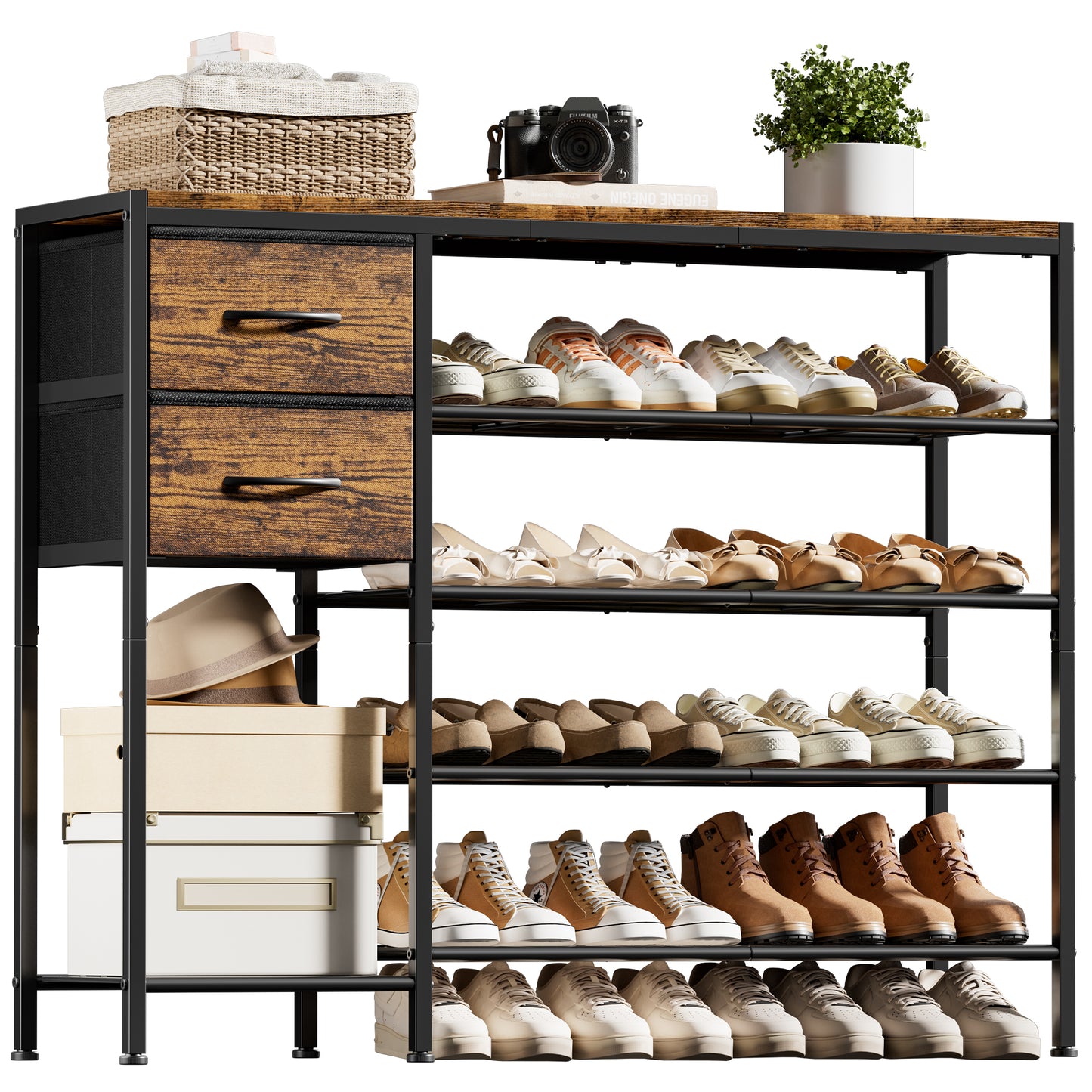 BGTREND 5-Tier Shoe Rack with Wooden Top and 2 Drawers, 16-21Pairs Shoe Storage Organizer with Boots Storage for Entryway Hallway Closet(Rustic Brown)