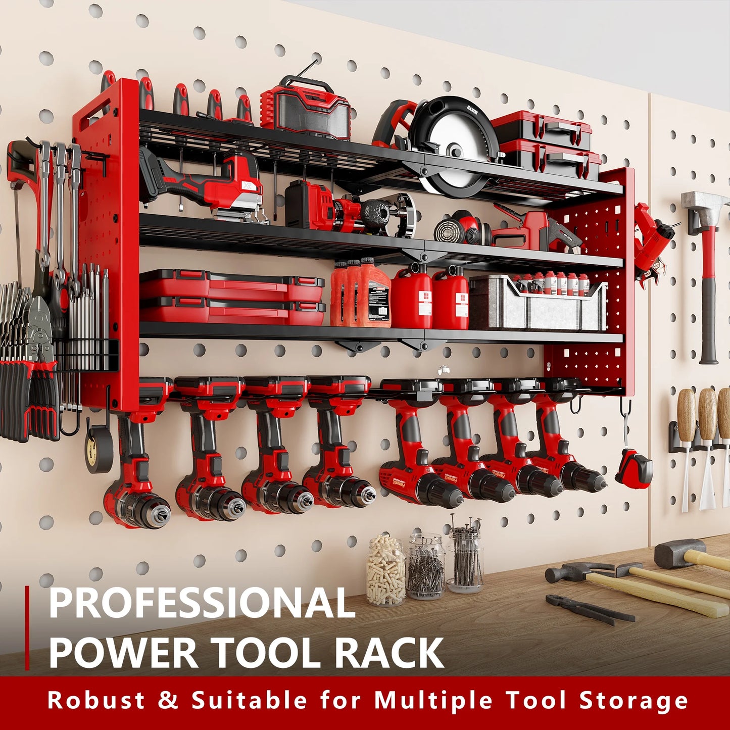 BGTREND Power Tool Organizer Wall Mount with 8 Cordless Drill Holders, 4 Layers Heavy Duty Tool Storage Shelf Organizer (Red)