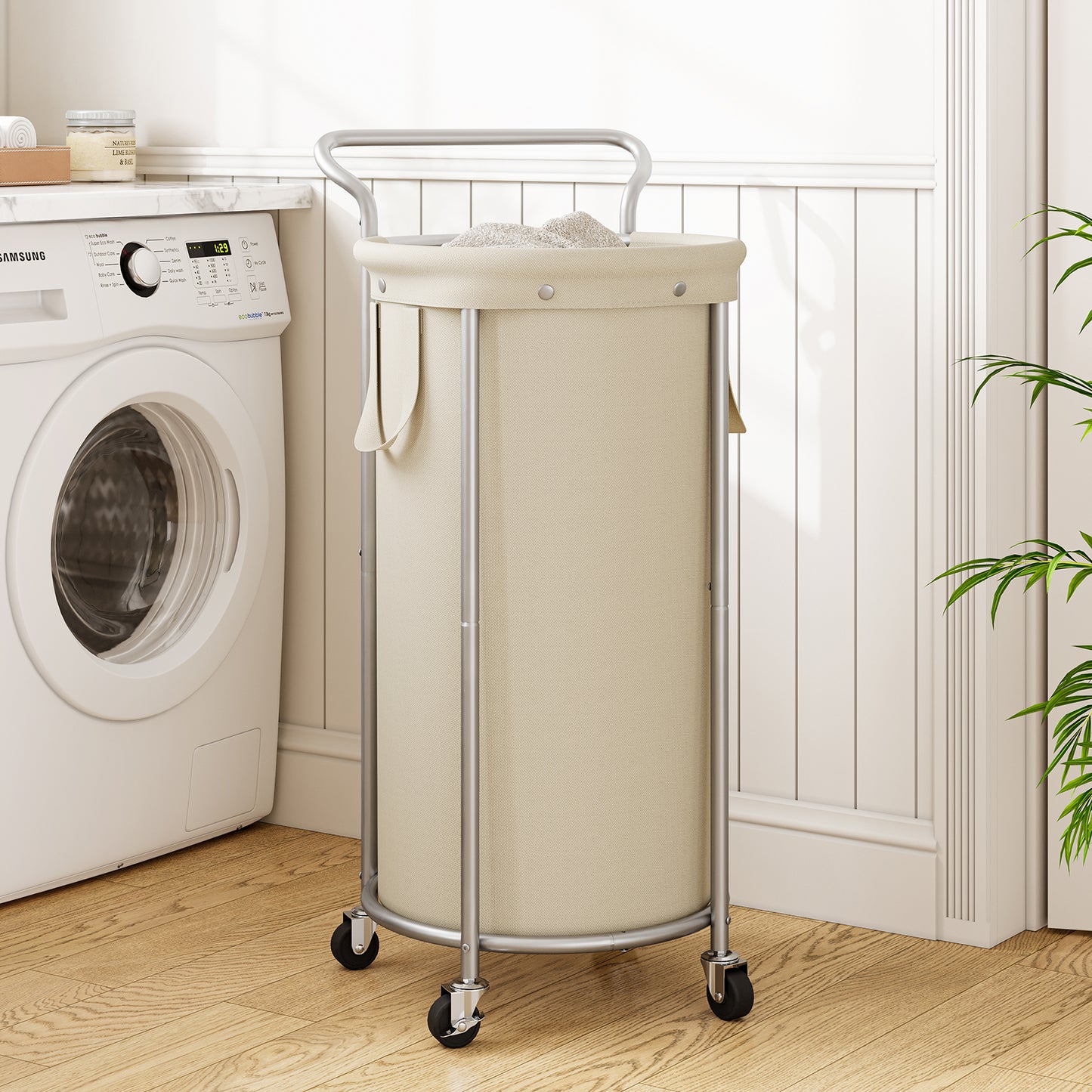 BGTREND 110L Rolling Laundry Hamper with Removable Bag, Round Steel Frame and Handle, Ideal for Dorm & Laundry Room, Beige