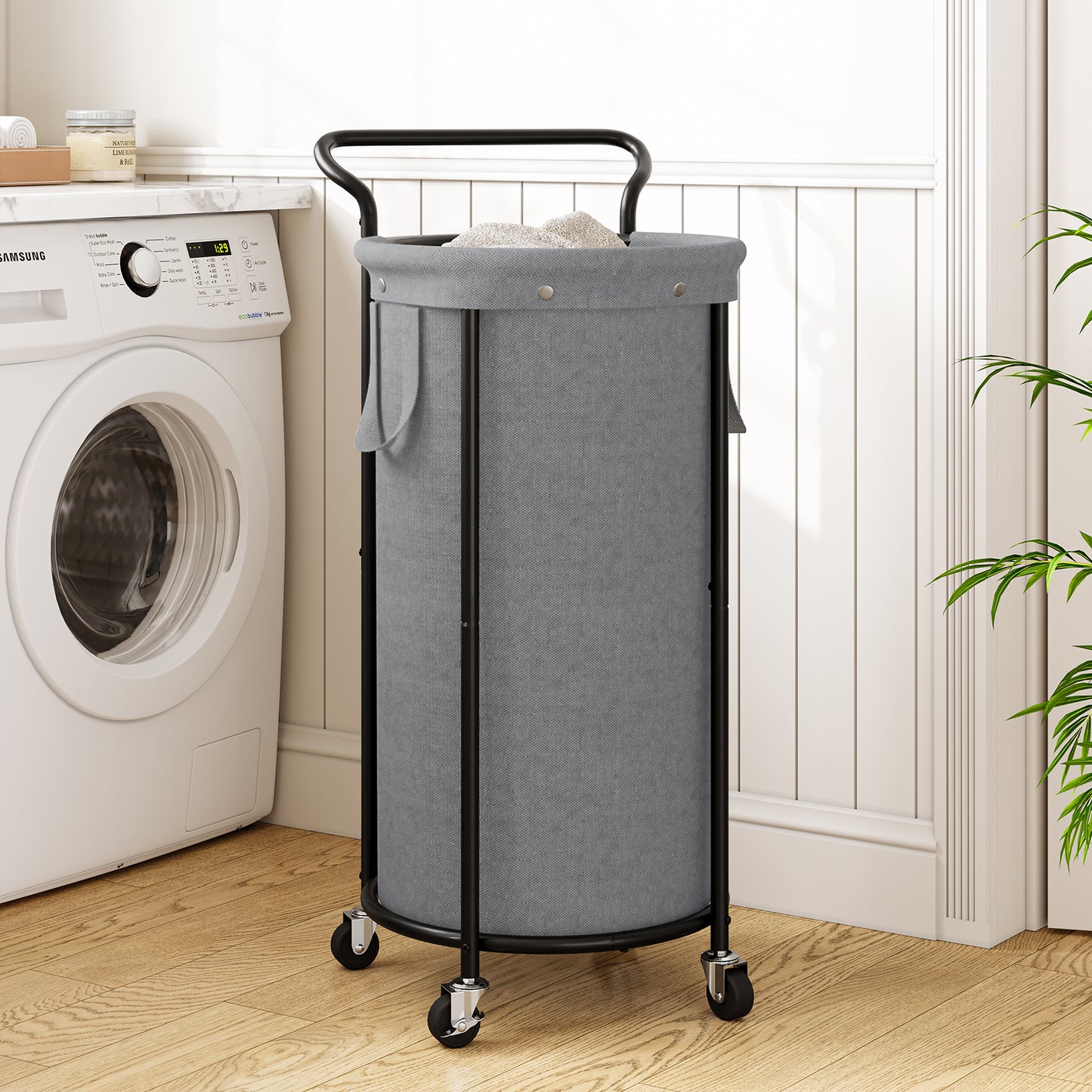 BGTREND 110L Rolling Laundry Hamper with Removable Bag, Round Steel Frame and Handle, Ideal for Dorm & Laundry Room, Gray