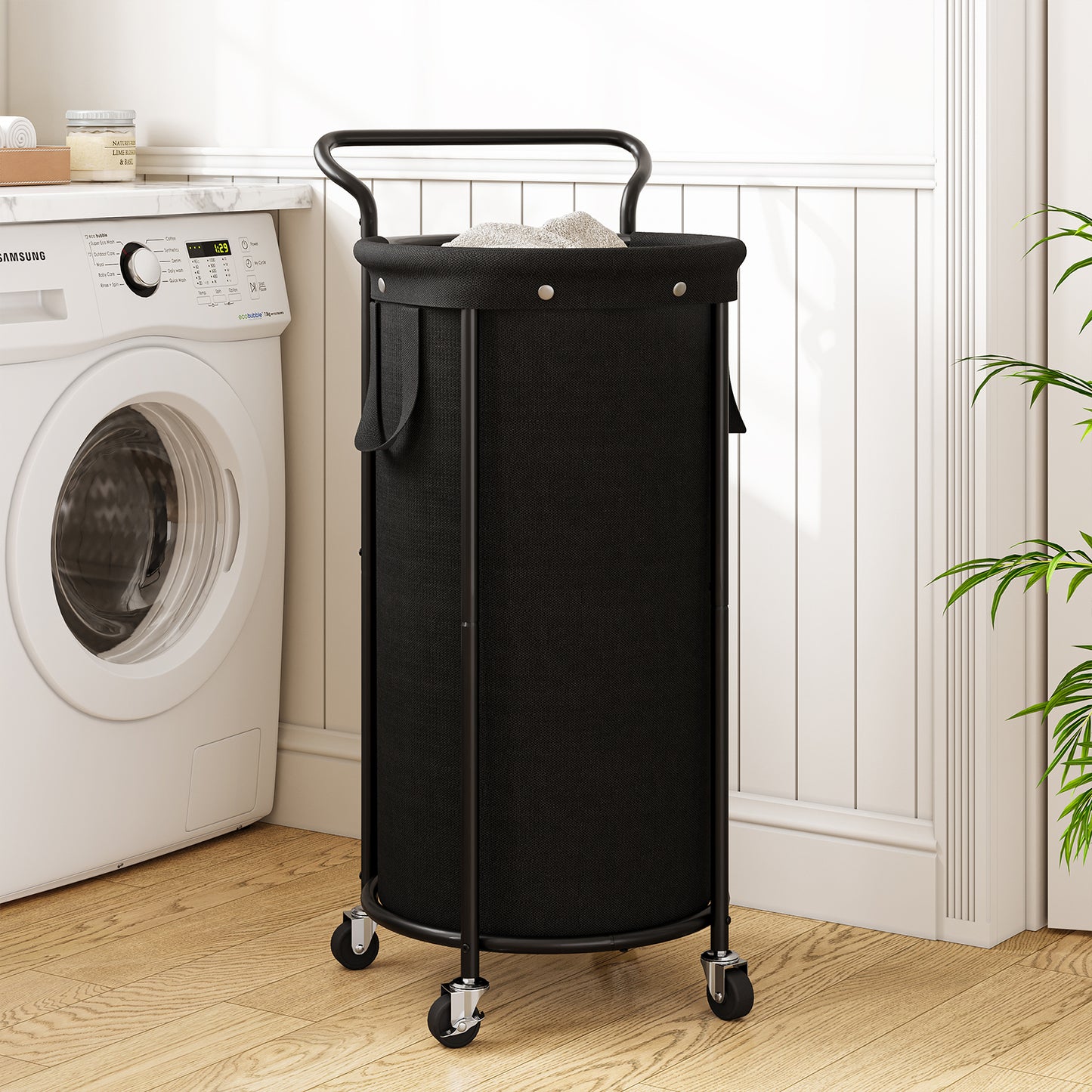 BGTREND 110L Rolling Laundry Hamper with Removable Bag, Round Steel Frame and Handle, Ideal for Dorm & Laundry Room , Black