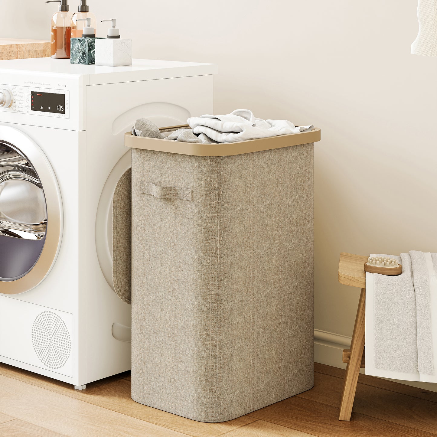BGTREND Slim Laundry Hamper with Lid 85L Foldable Clothes Basket with Removable Mesh Bag & Plastic Handle for Closet Bathroom Bedroom (Beige)