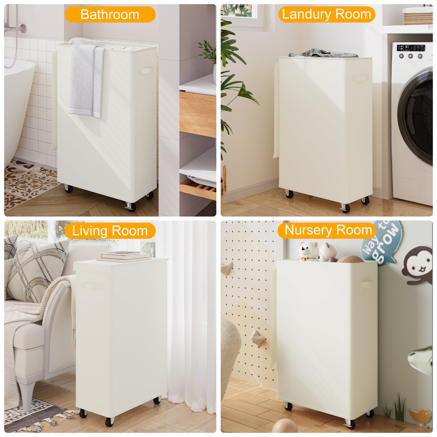 BGTREND 4pcs 27.6'' Tall & Slim Laundry Hamper with Lid and Wheels Narrow Laundry Basket Collapsible Dirty Clothes Hamper Portable Laundry Storage Bin Oxford (65L, Beige)