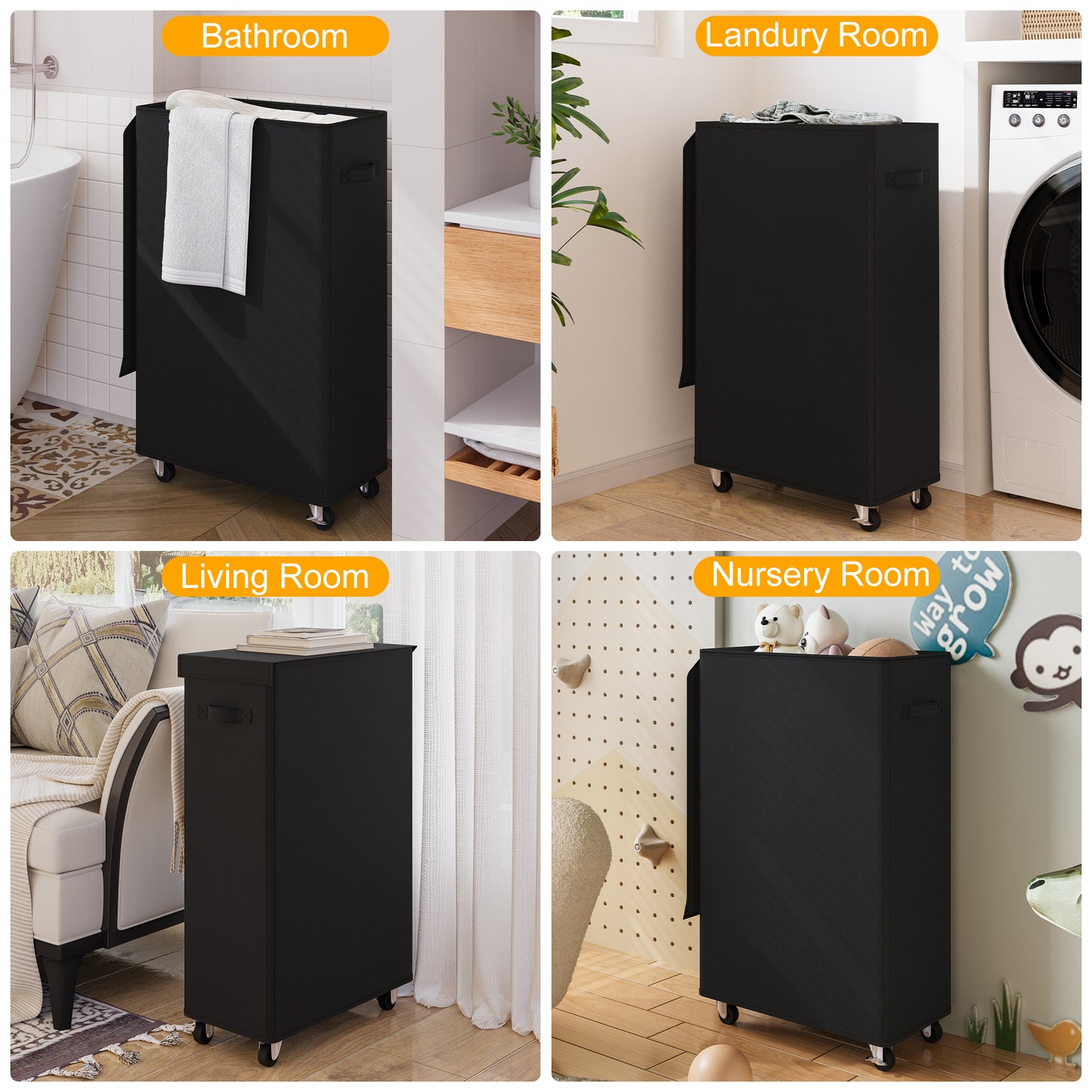 BGTREND 4pcs 27.6'' Tall & Slim Laundry Hamper with Lid and Wheels Narrow Laundry Basket Collapsible Dirty Clothes Hamper Portable Laundry Storage Bin Oxford (65L, Black)