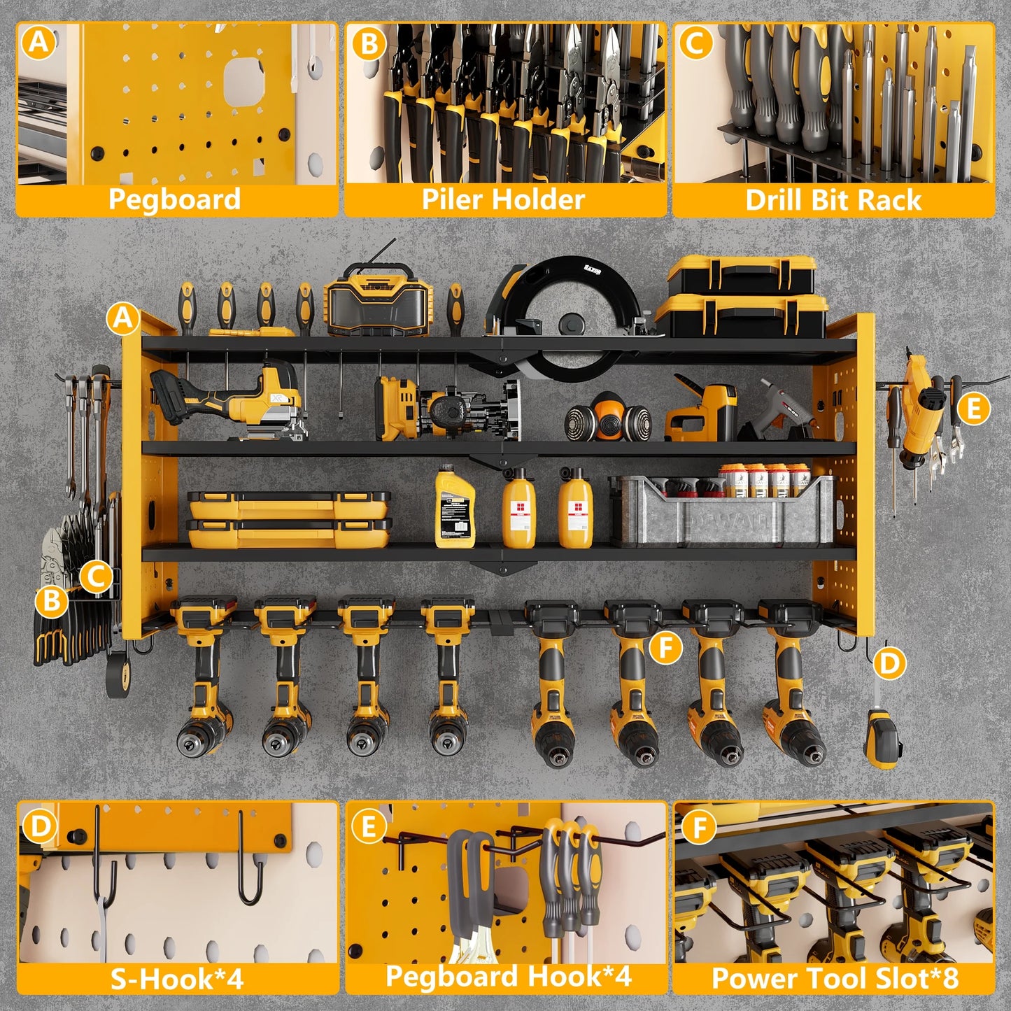 BGTREND Power Tool Organizer Wall Mount with 8 Cordless Drill Holders, 4 Layers Heavy Duty Tool Storage Shelf Organizer (Yellow)