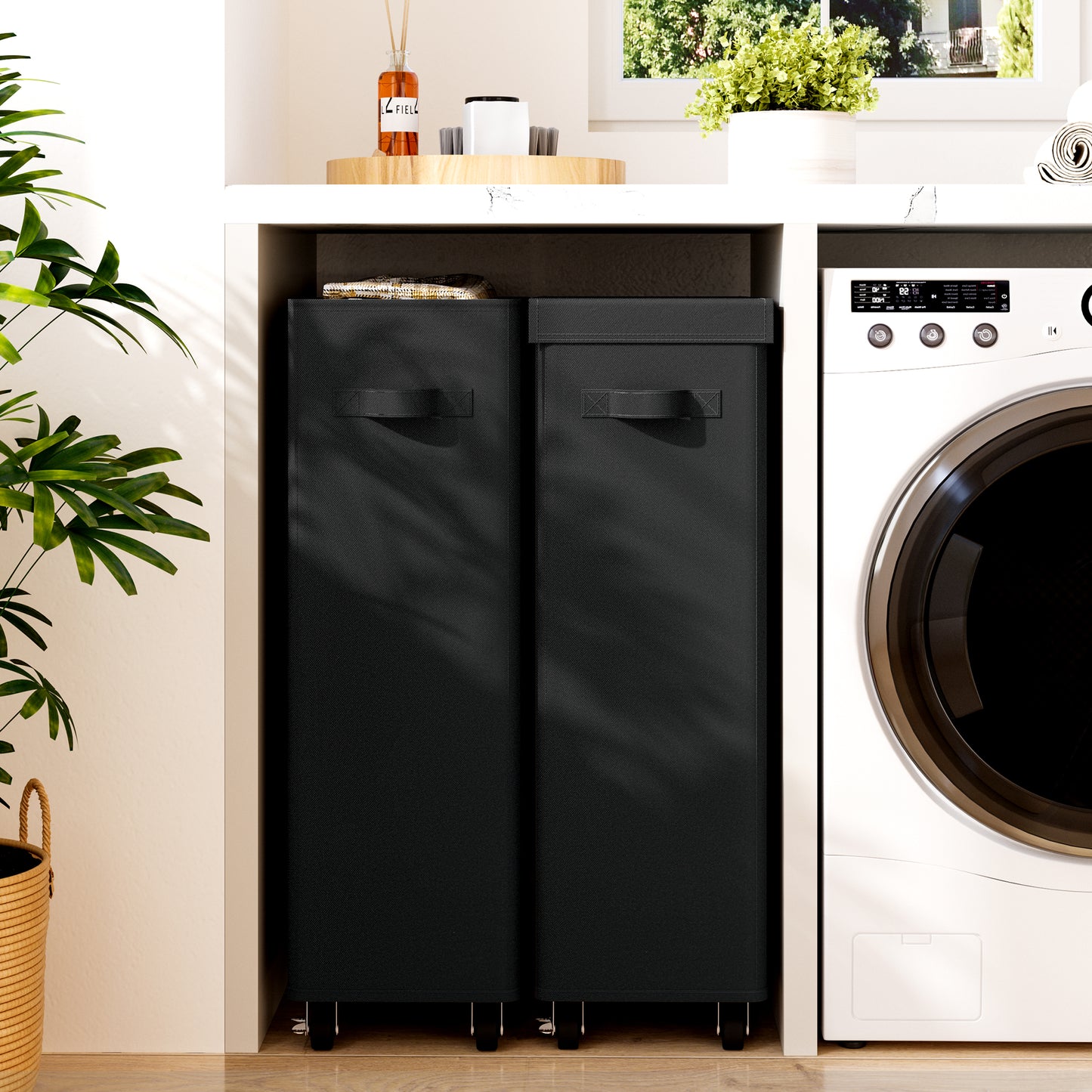 BGTREND 2pcs 27.6'' Tall & Slim Laundry Hamper with Lid and Wheels Narrow Laundry Basket Collapsible Dirty Clothes Hamper Portable Laundry Storage Bin Oxford (65L, Black)