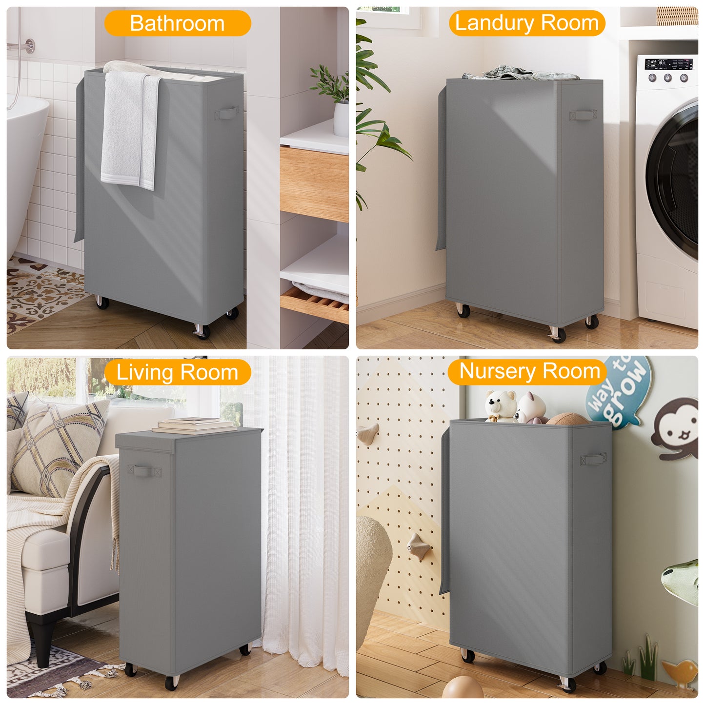 BGTREND 4pcs 27.6'' Tall & Slim Laundry Hamper with Lid and Wheels Narrow Laundry Basket Collapsible Dirty Clothes Hamper Portable Laundry Storage Bin Oxford (65L, Gray)